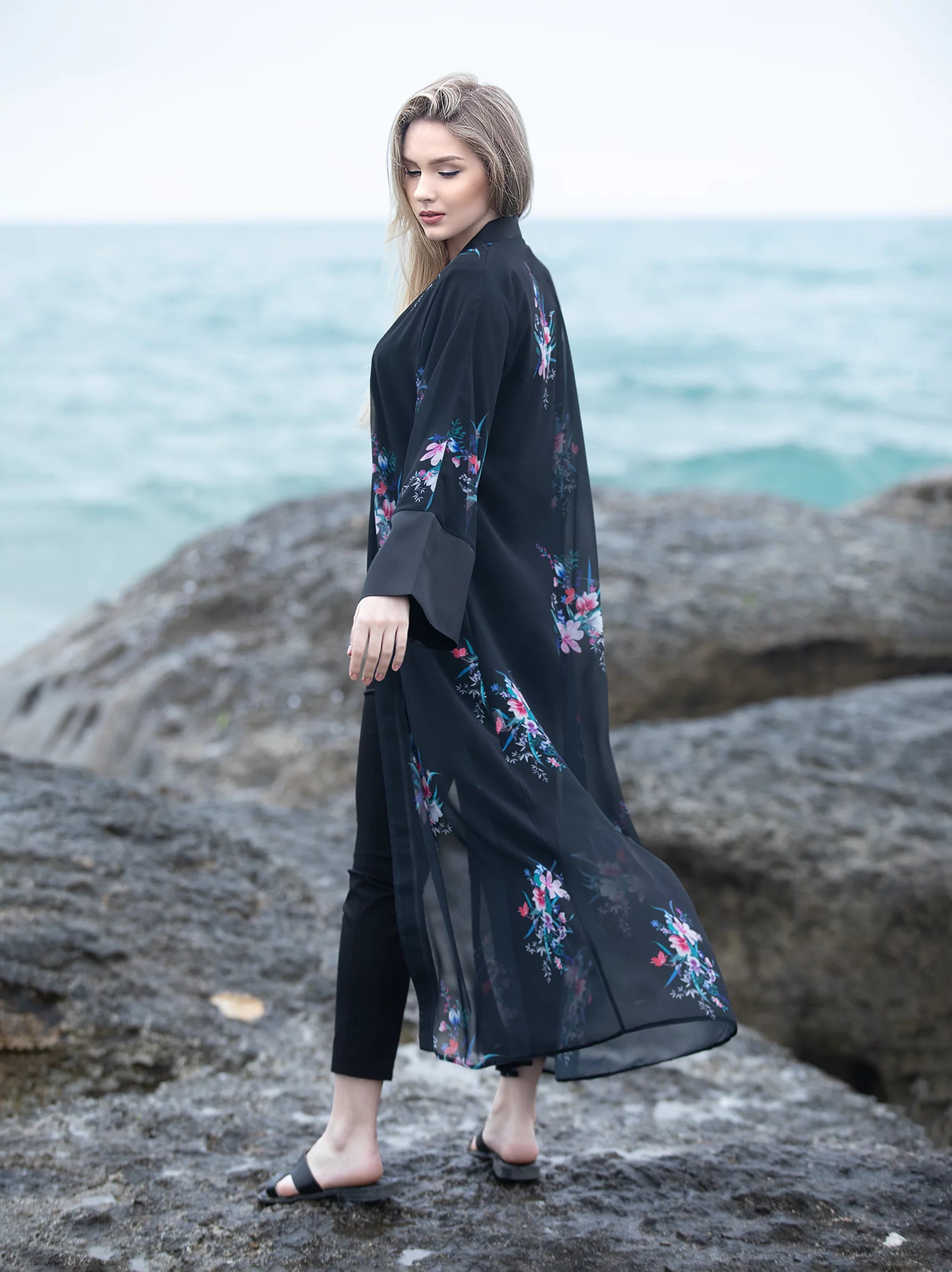 black floral kimono
