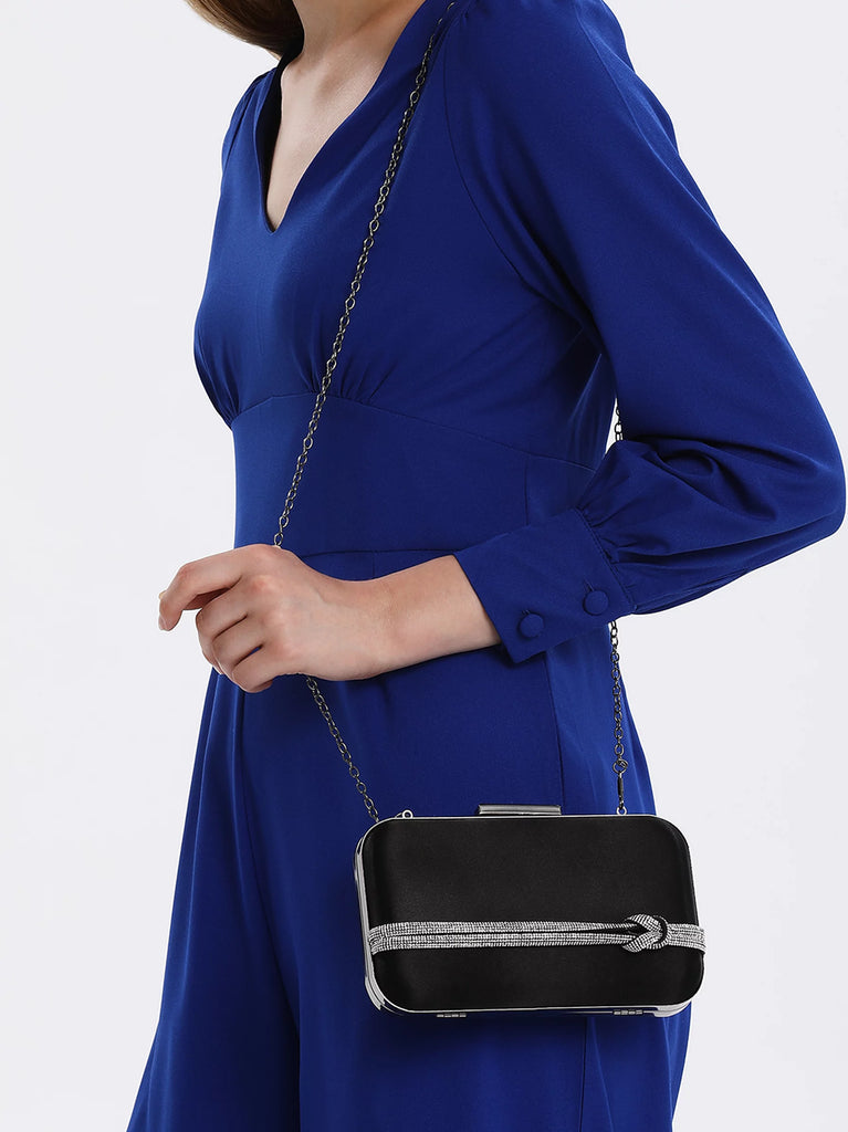 diamante strip black satin clutch bag