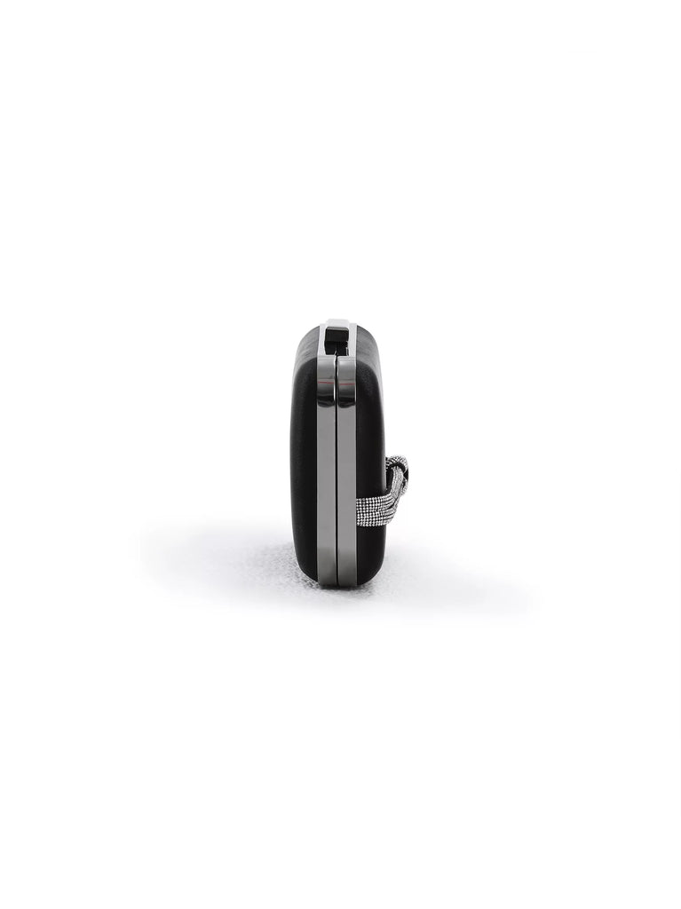 black satin clutch bag with diamante strip