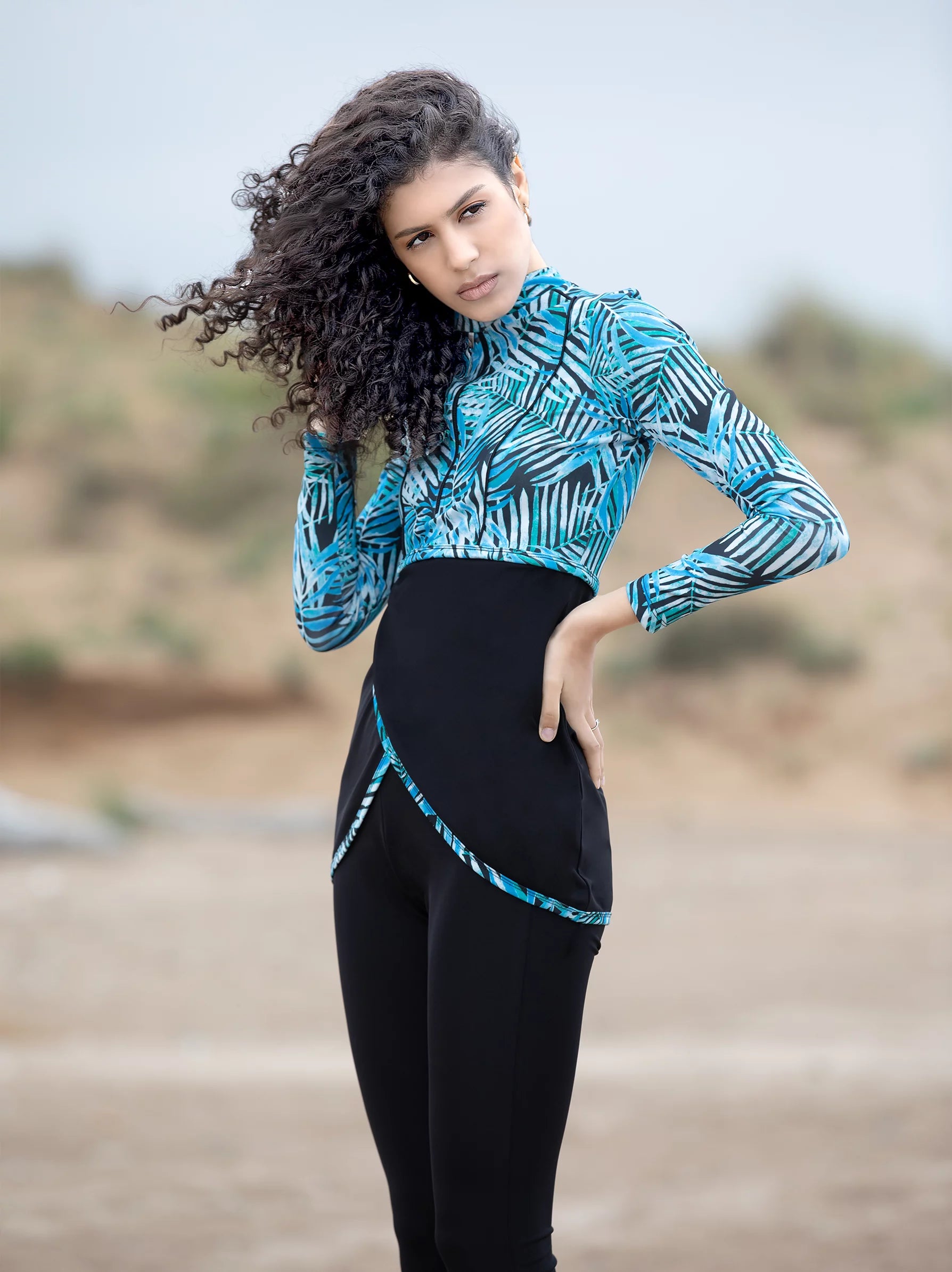 blue printed black burkini