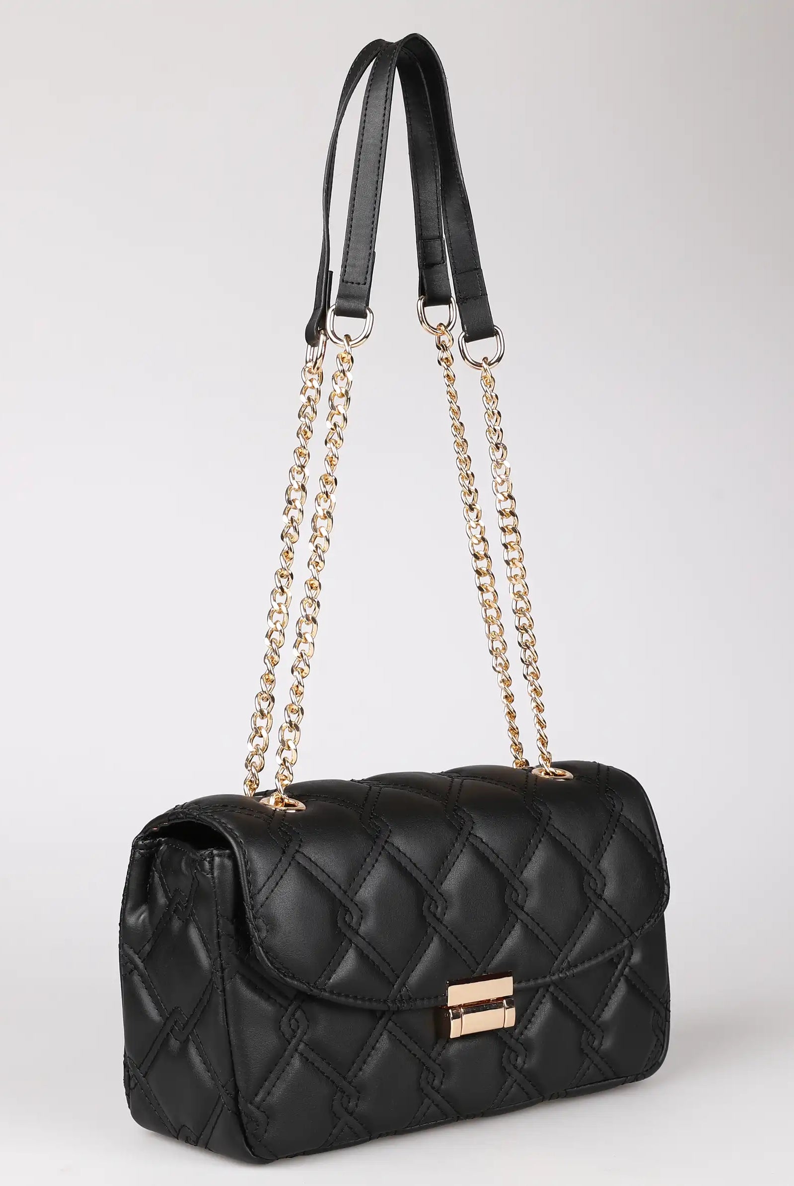 black quilted chain handle shoulder bag