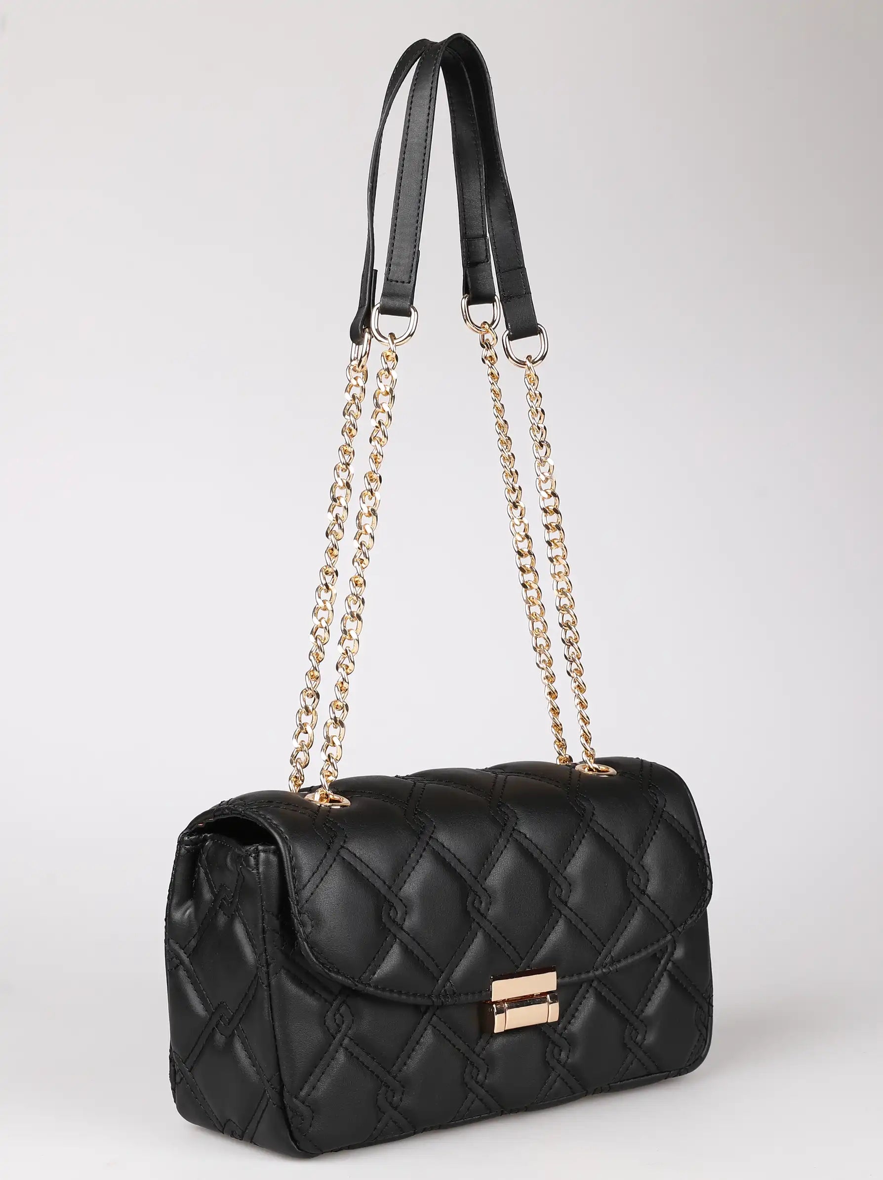 Quilted Chain Handle Black Shoulder Bag Modora UK