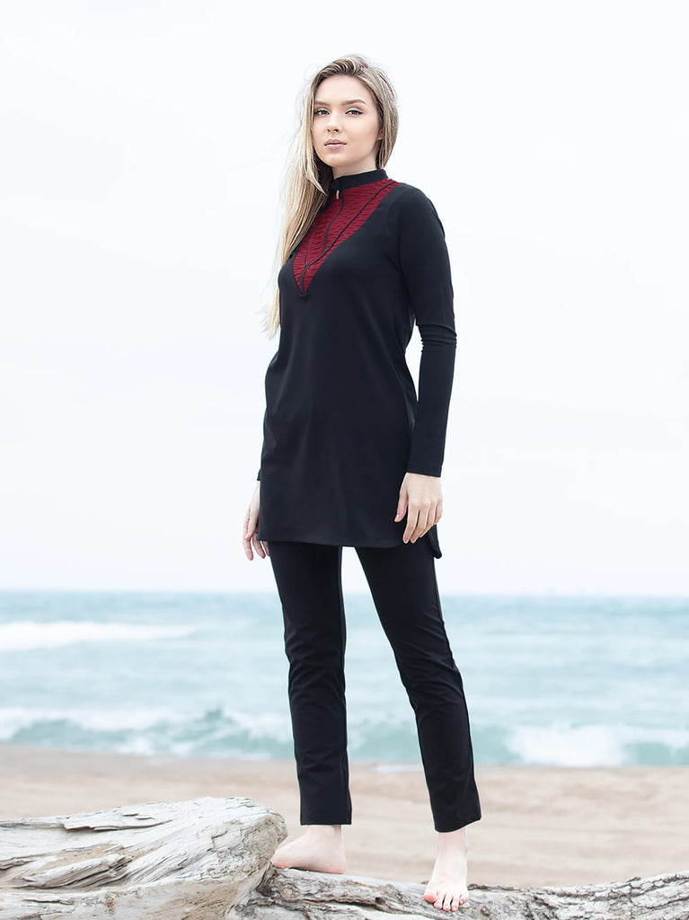 Black Burgundy Swimsuit Set- Modest Swimwear | Black Burkini – Modora UK