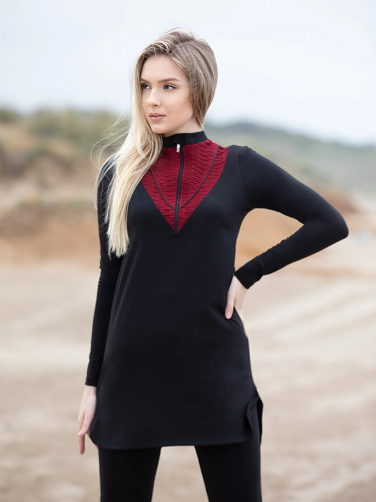 black burgundy trim burkini swimsuit set