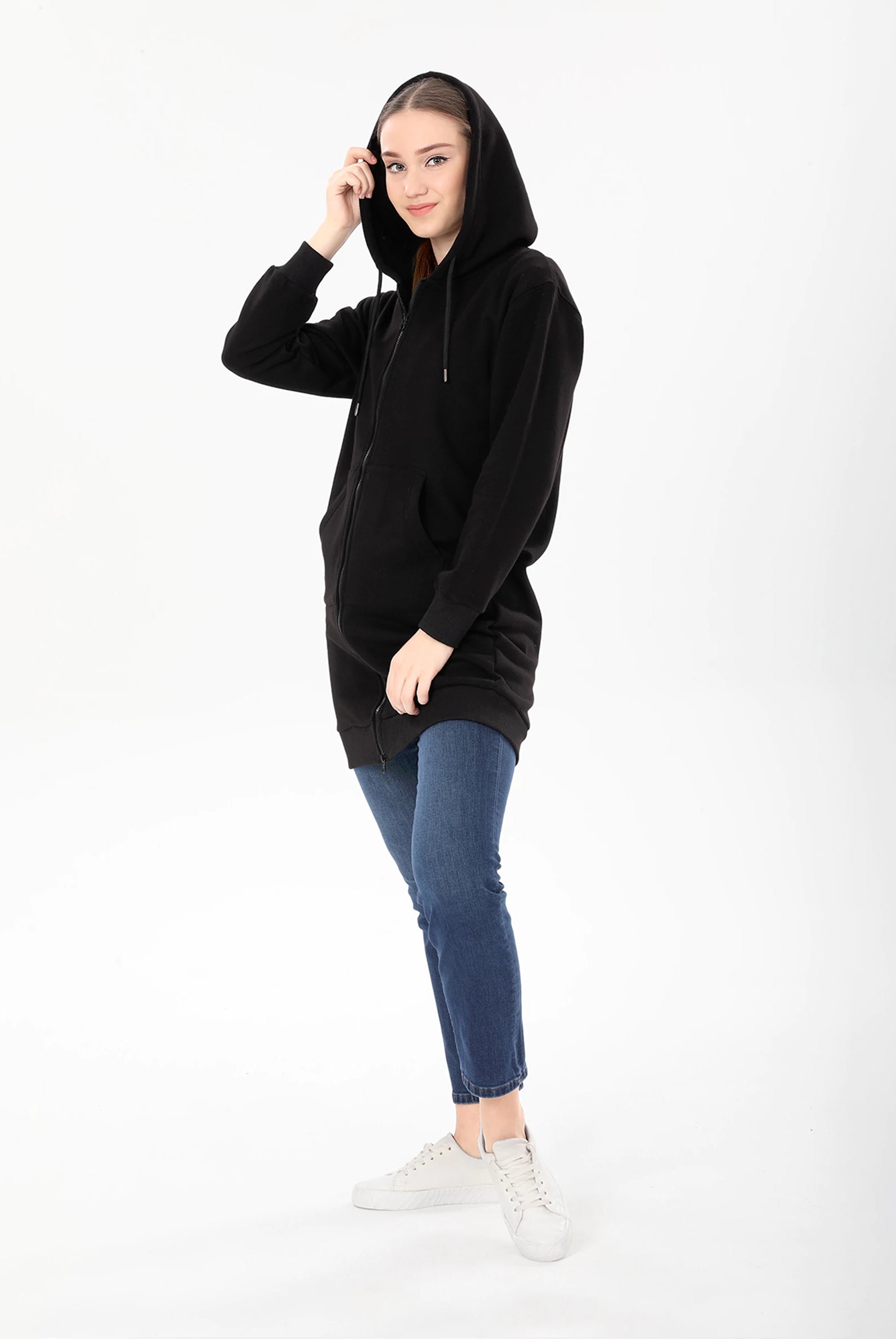 black longline zip hoodie womens
