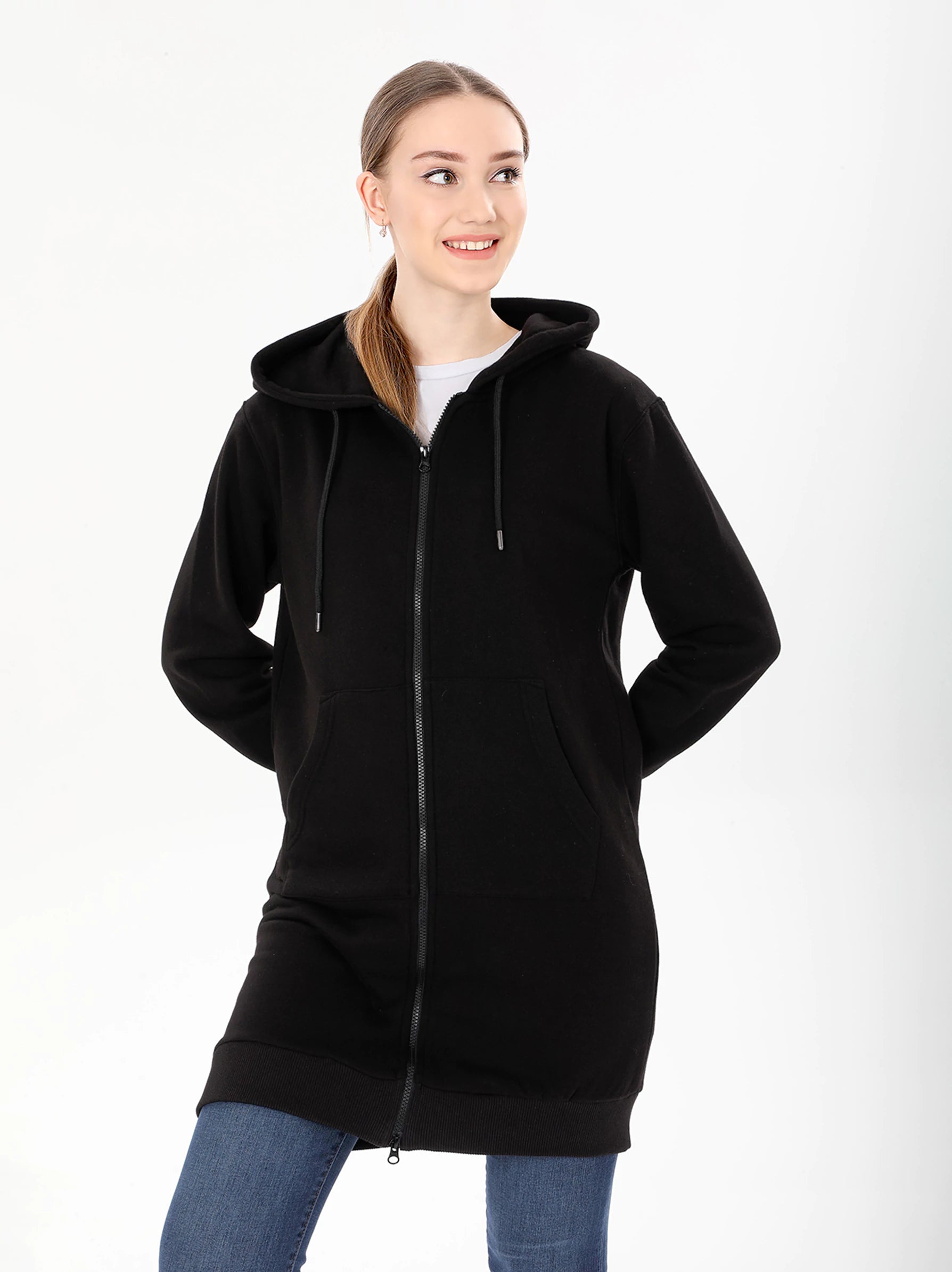 Black Longline Hoodie Womens Black Hoodie with pockets Modora UK