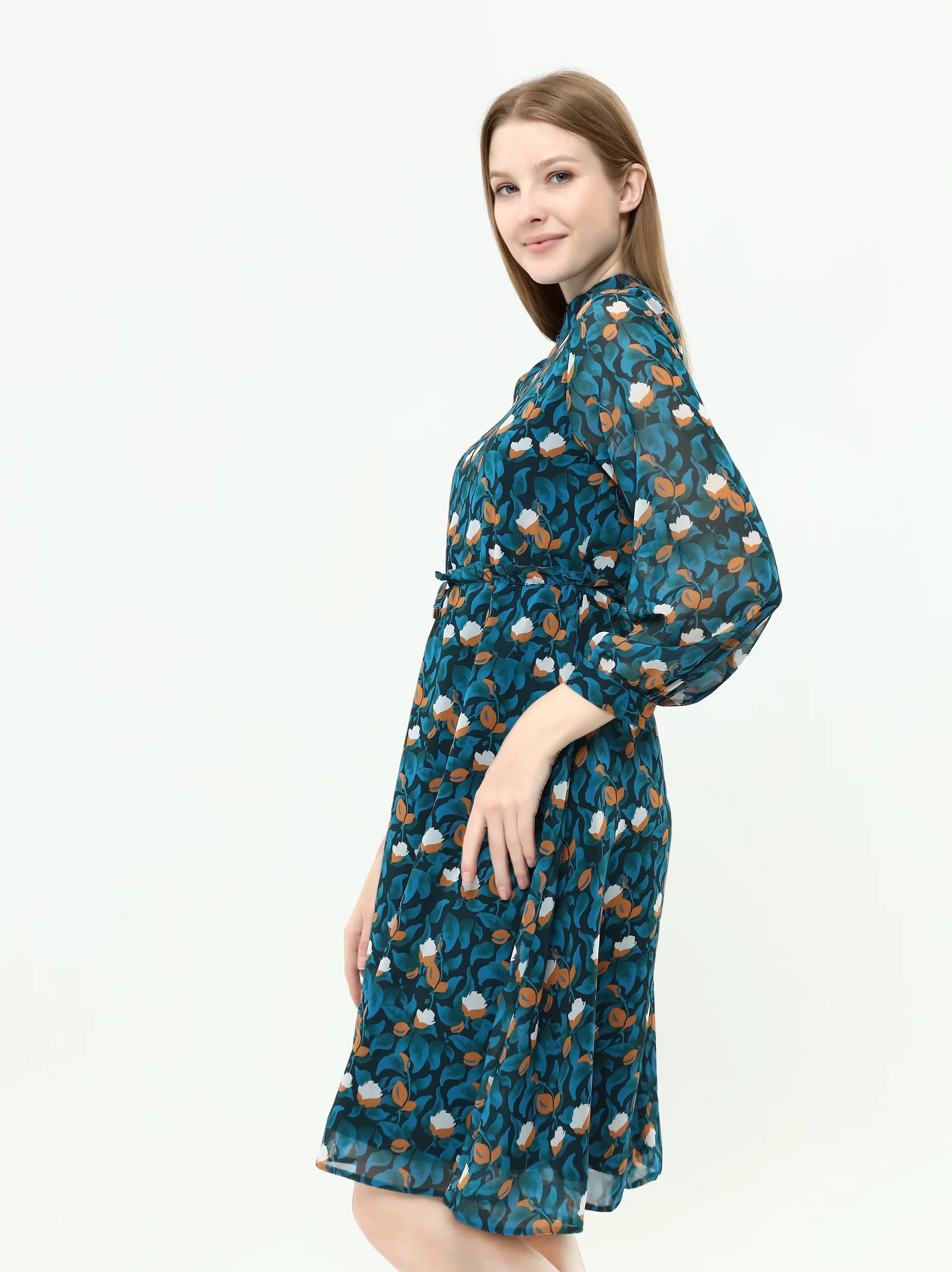 blue chiffon floral midi dress