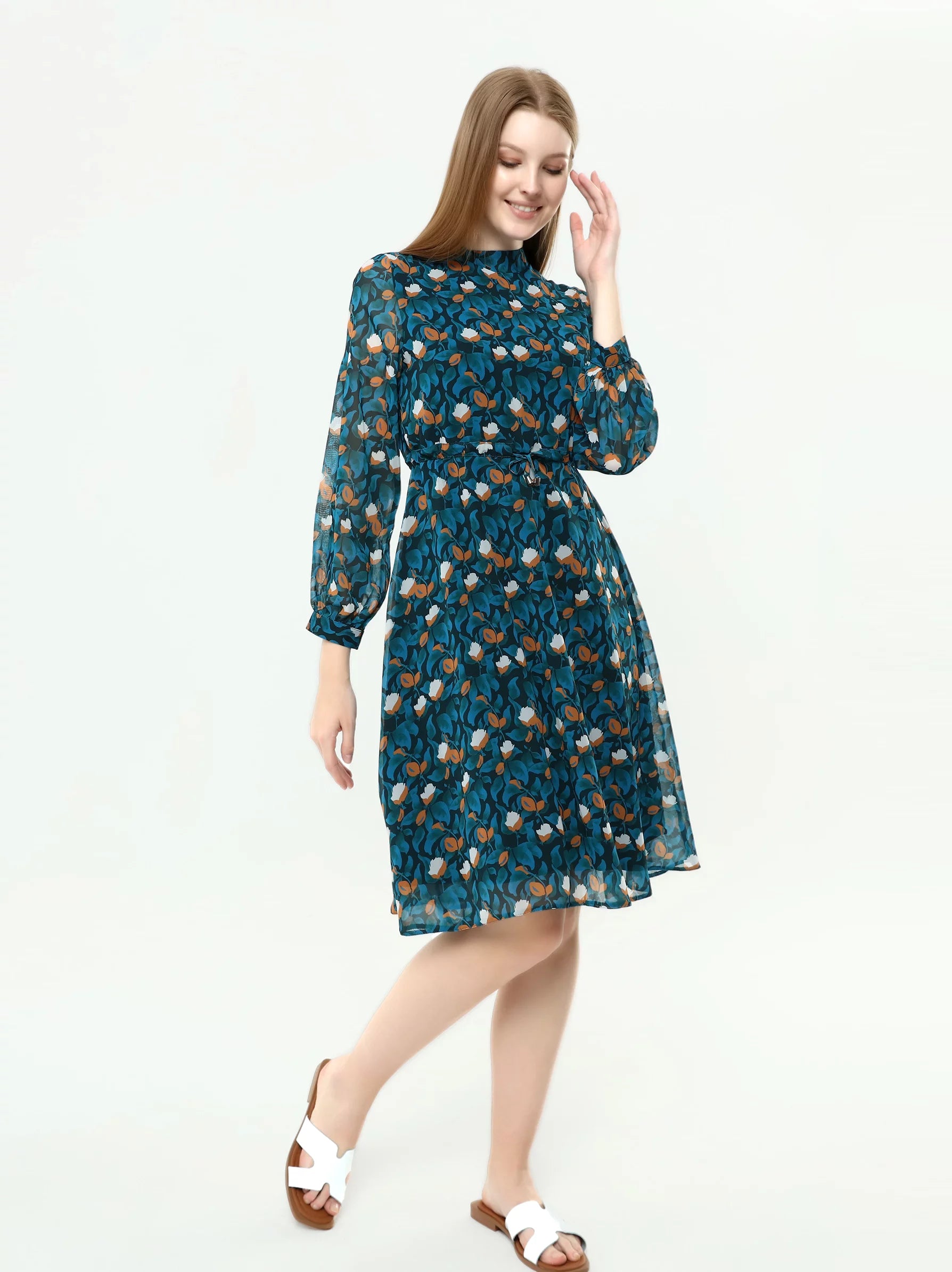Long sleeve floral clearance chiffon dress
