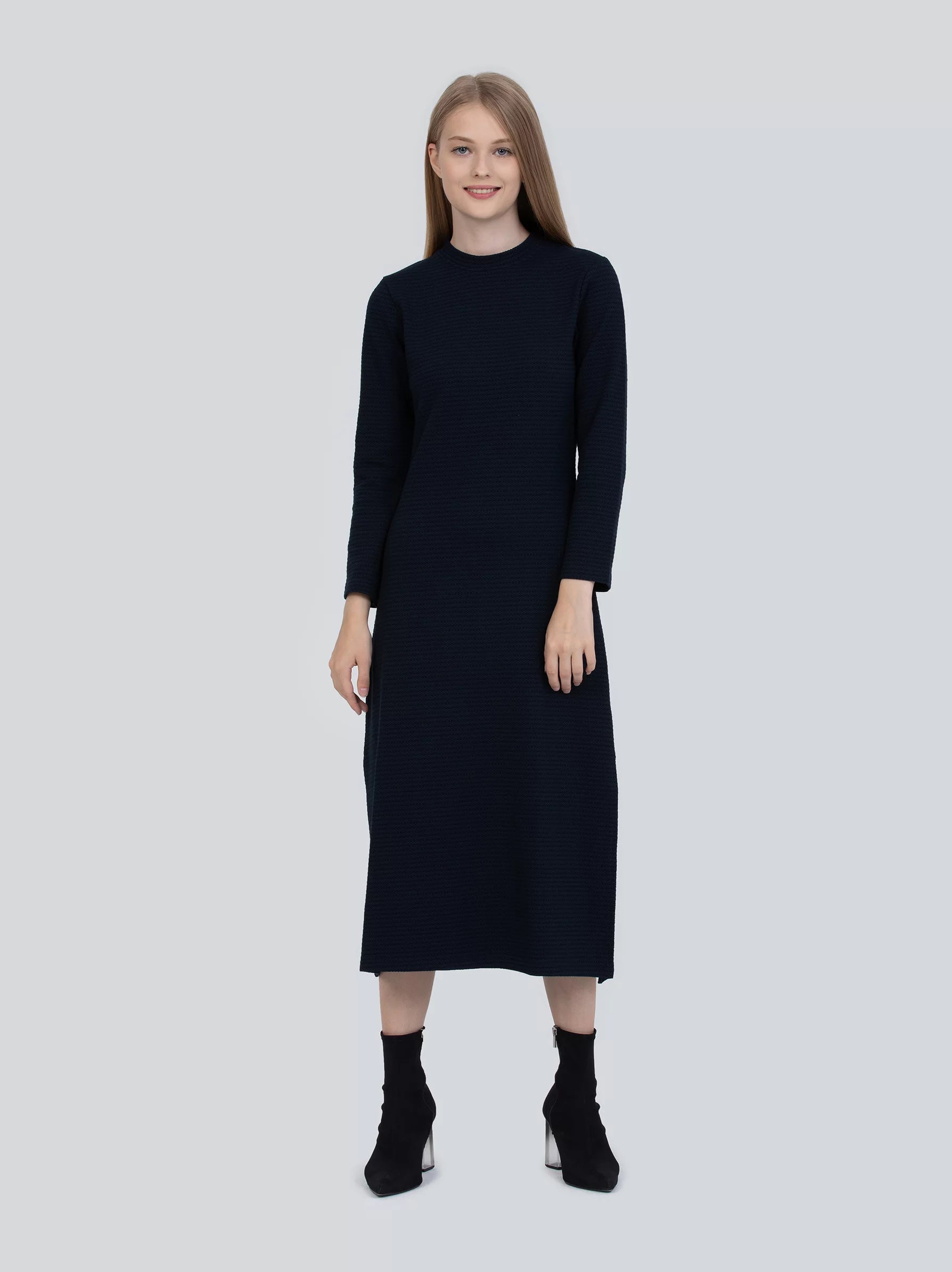 navy blue midi dress with sleeves