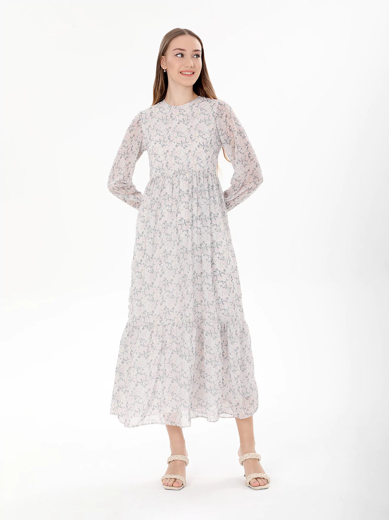 Ecru high neck floral print dress