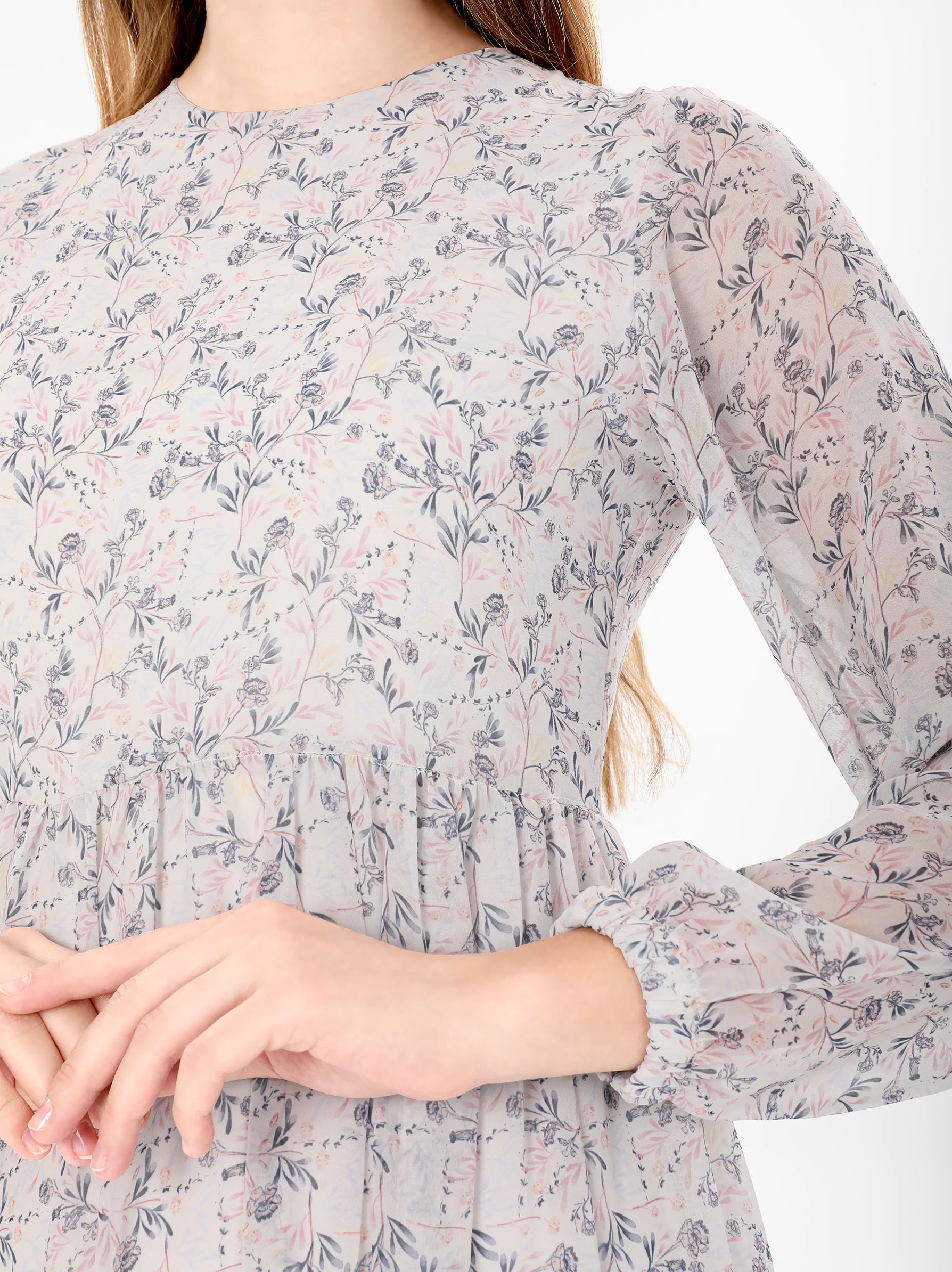 Ecru Round Neck Maxi Dress Floral Print Dress with Sleeve