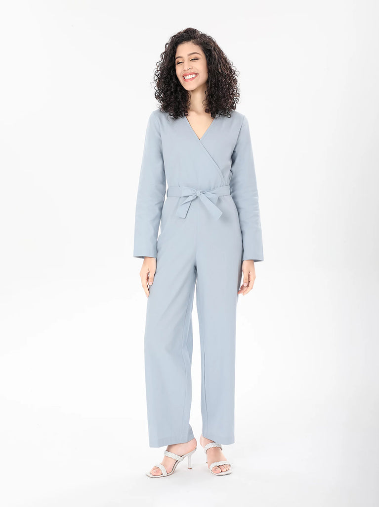 light blue wrap jumpsuit