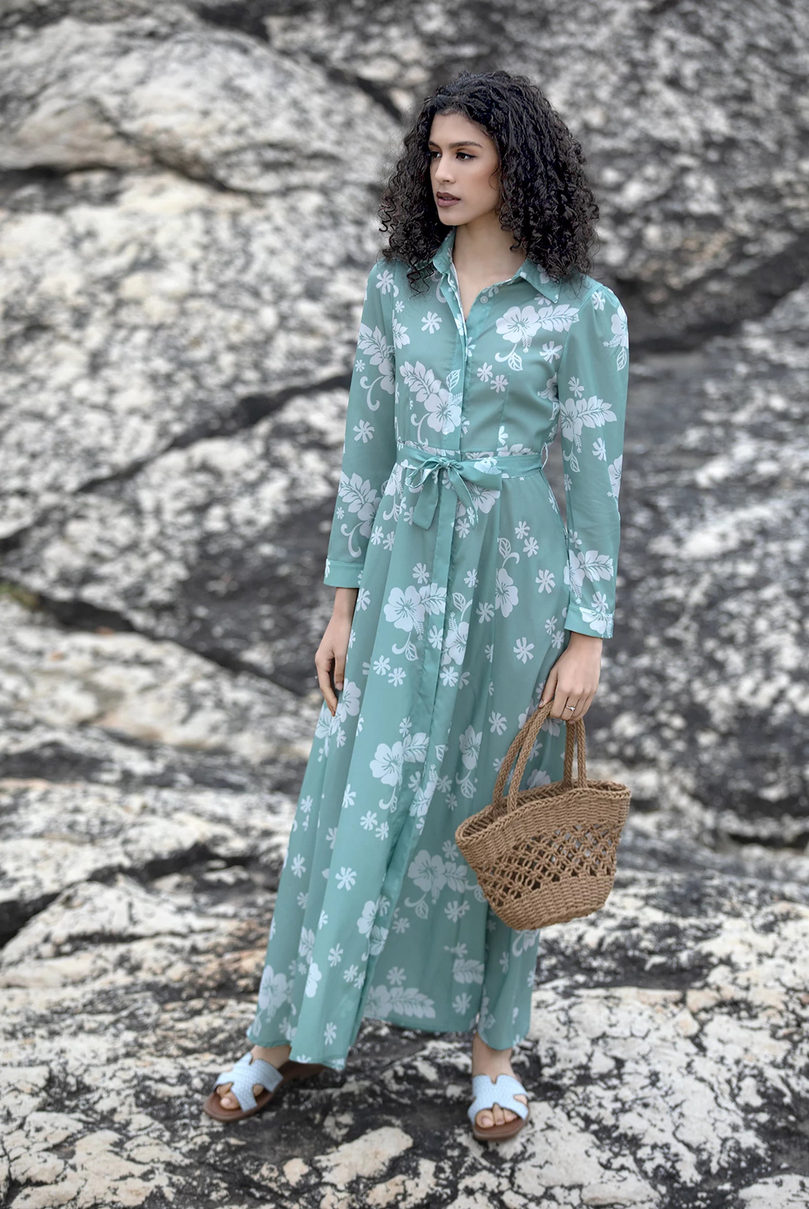 green floral shirt dress