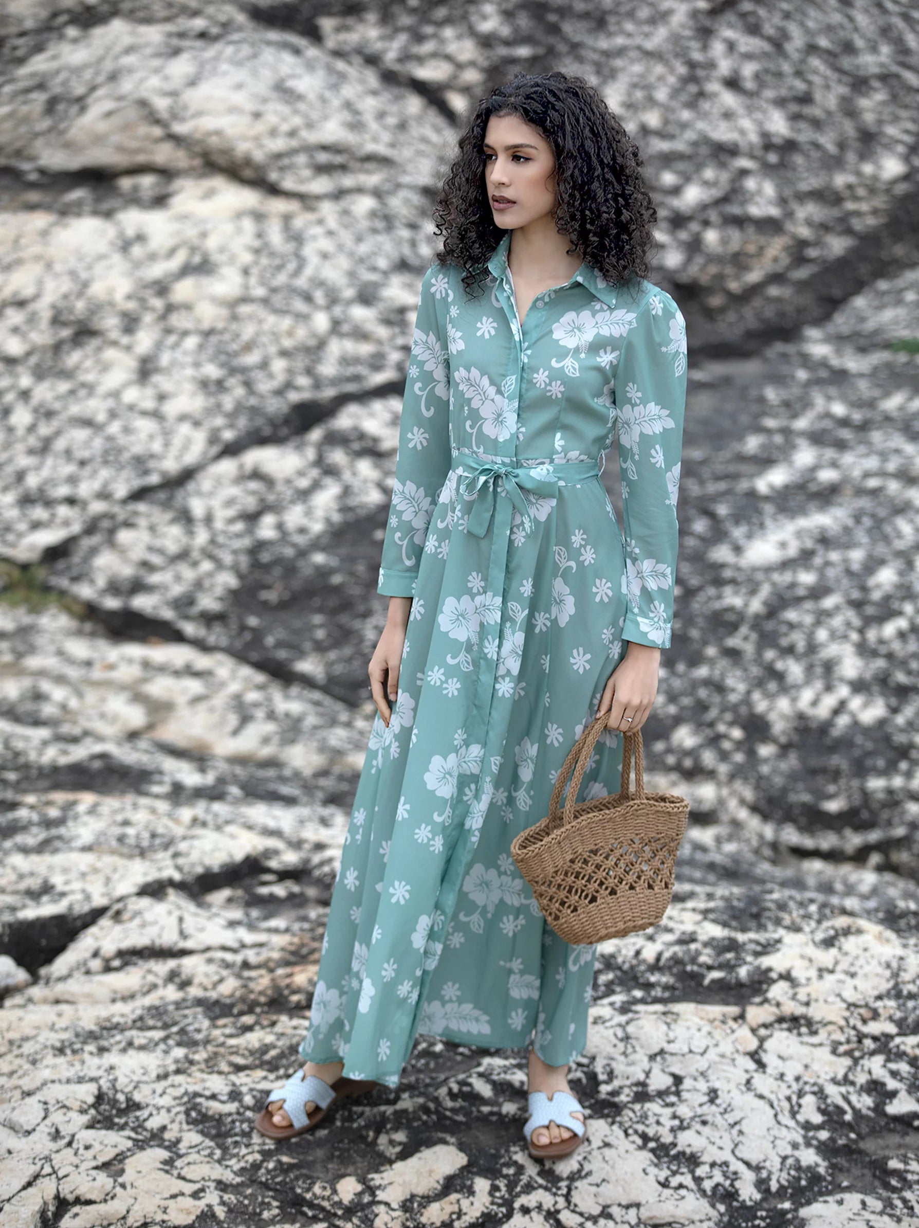 Light Green Floral Midi Dress with sleeve Floral Shirt Dress Modora UK