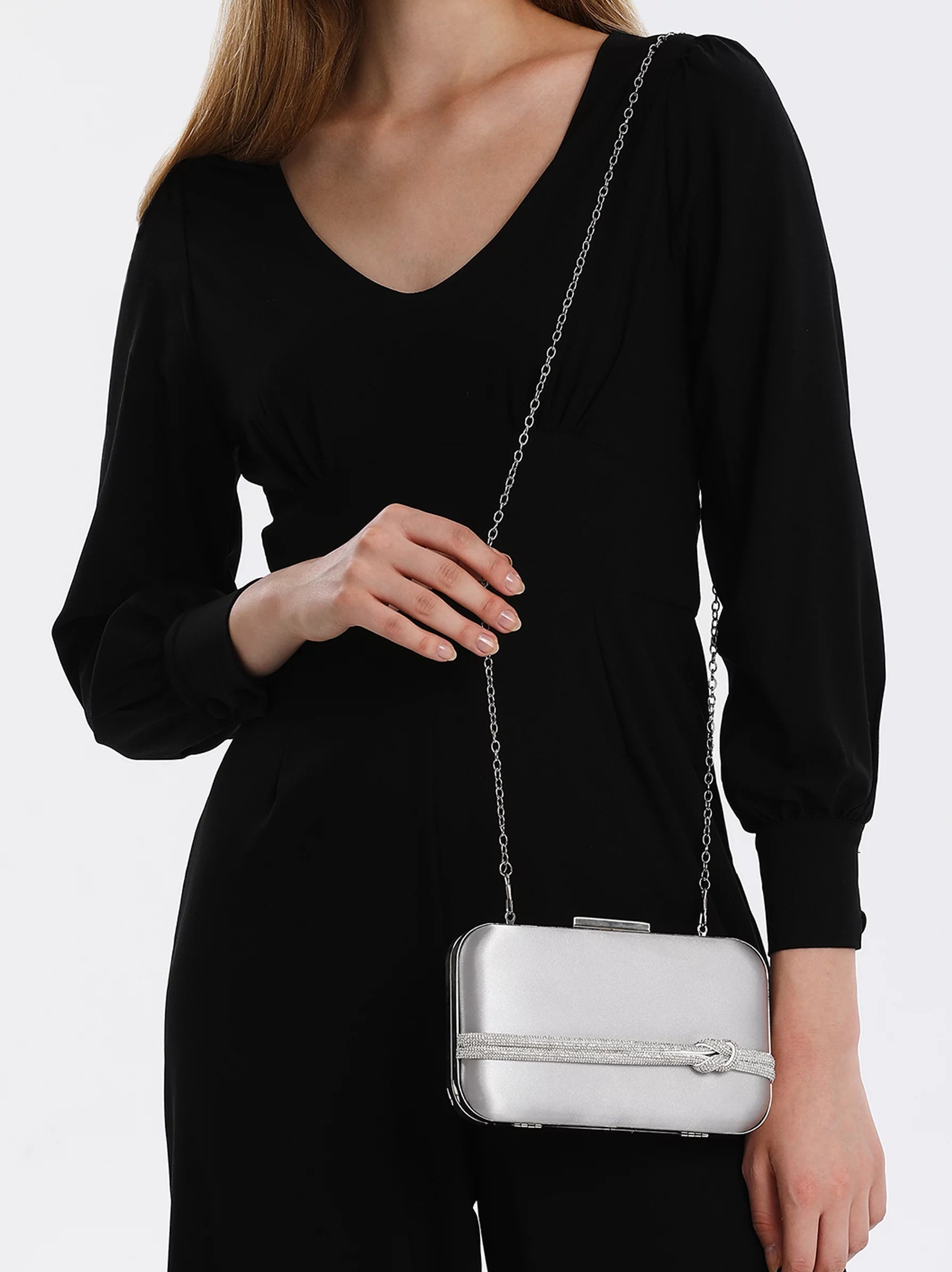 Light Grey Clutch Bag With Diamante Strip Modora UK