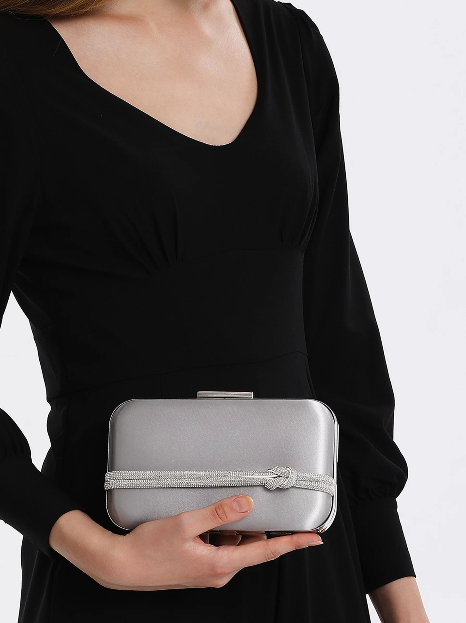 Light Grey Clutch Bag With Diamante Strip Modora UK
