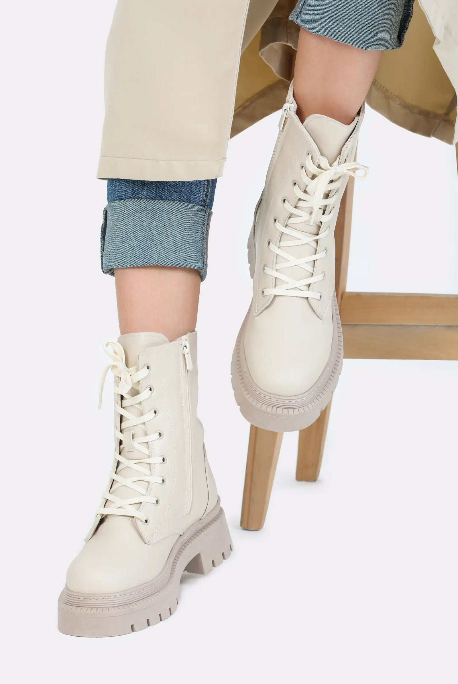 cream chunky lace up boots