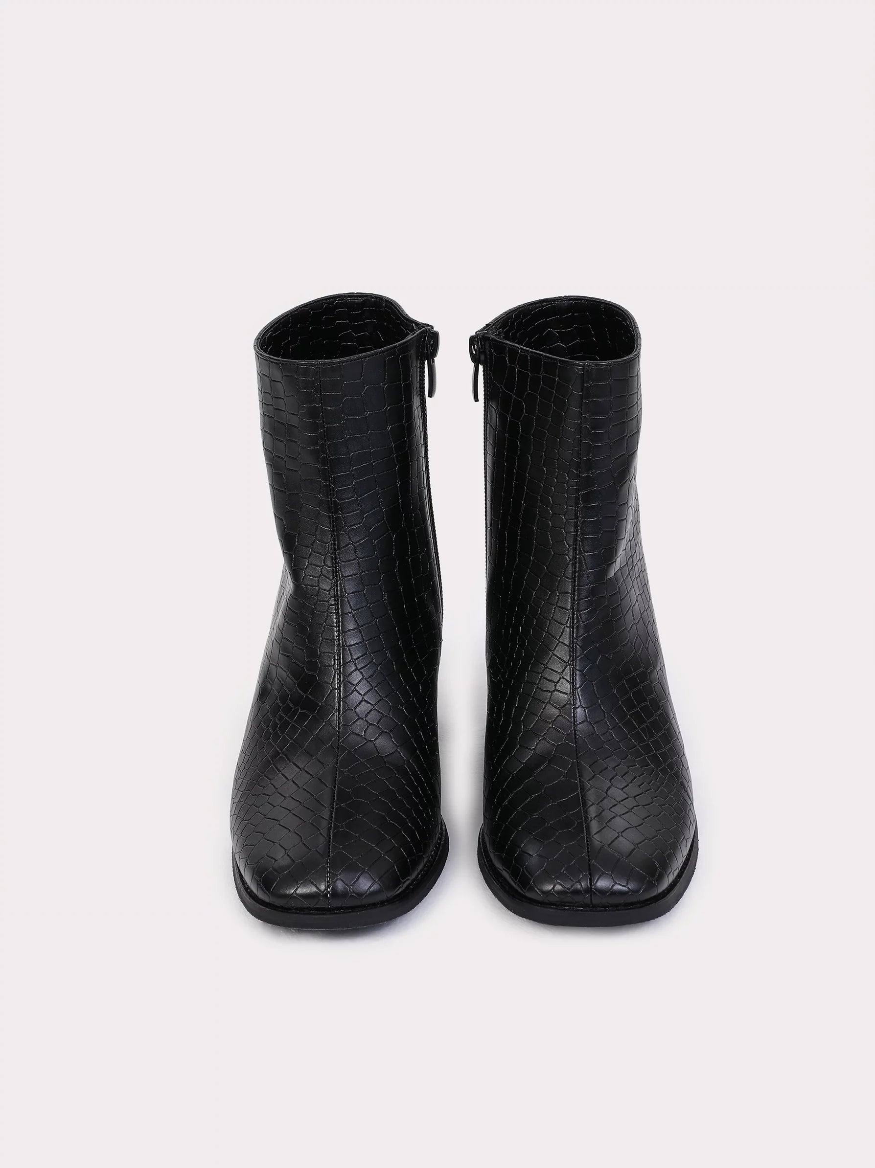 Mid Heel Black Croc Ankle Boots