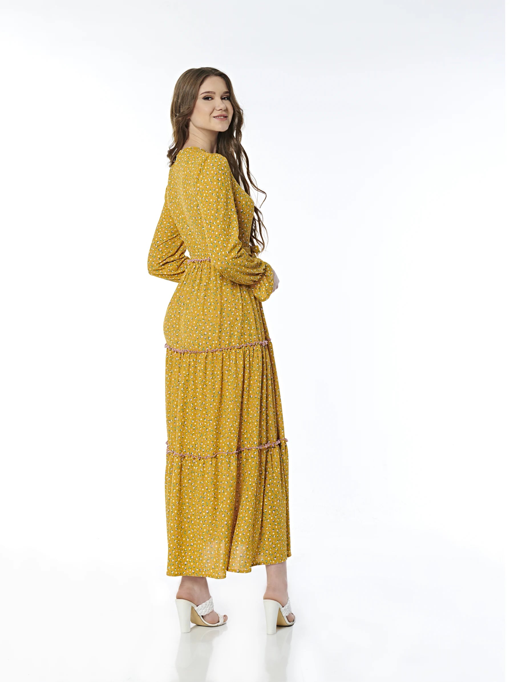 Yellow Floral Maxi Dress With Sleeve Modora UK