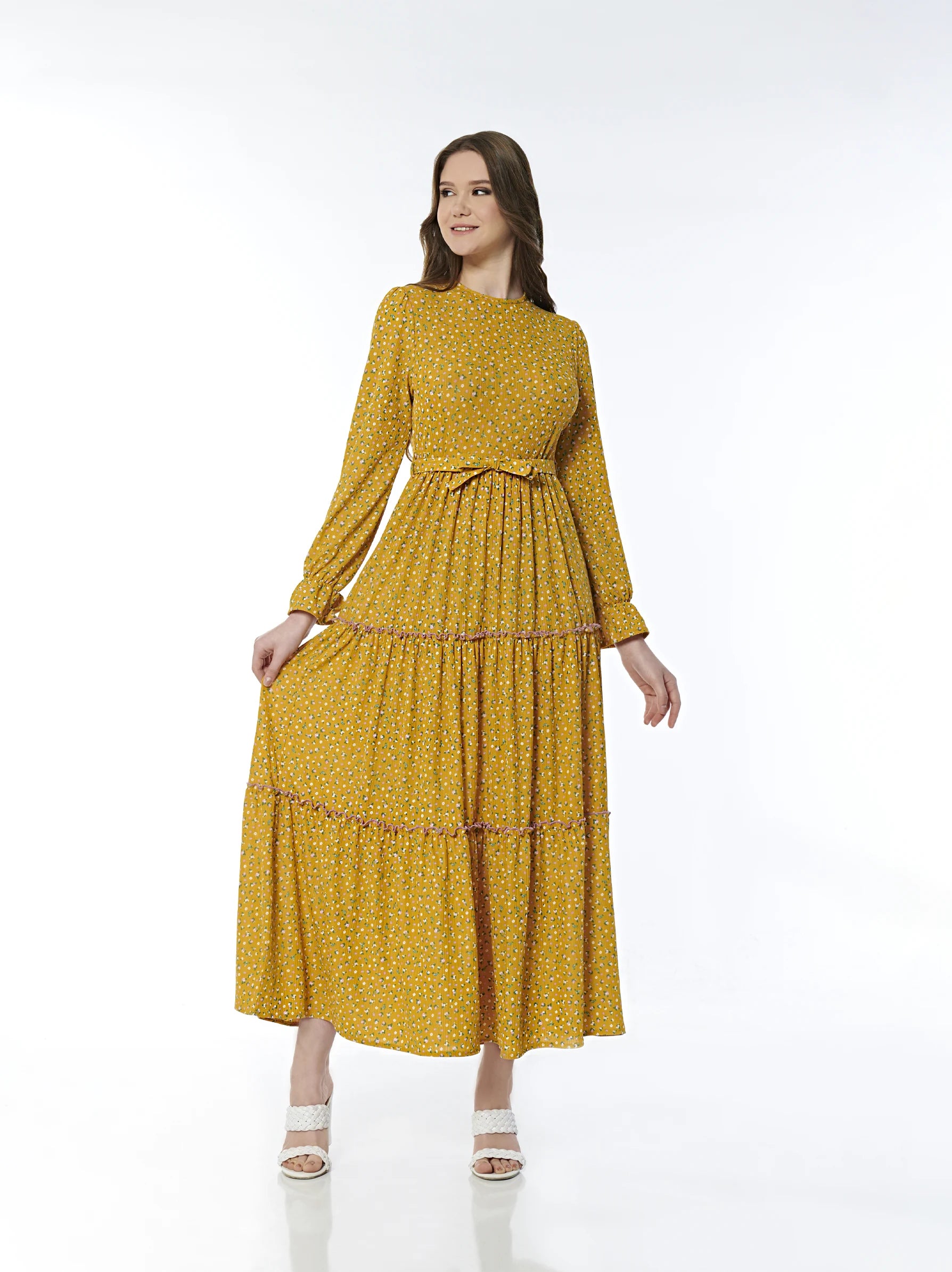 Yellow Floral Maxi Dress With Sleeve Modora UK