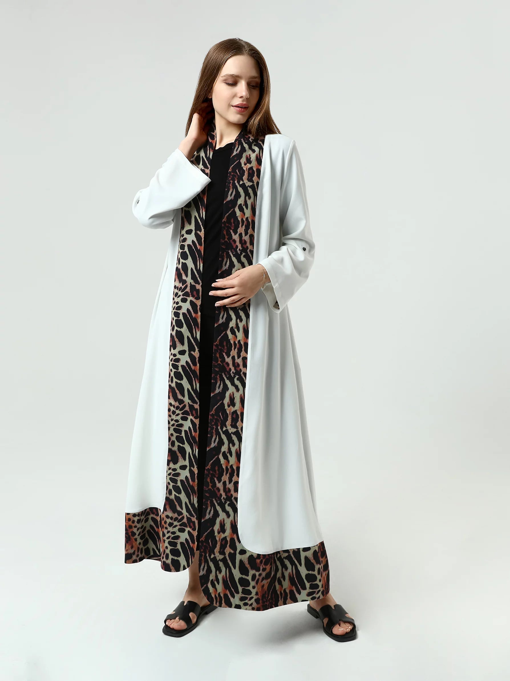  animal print longline white kimono