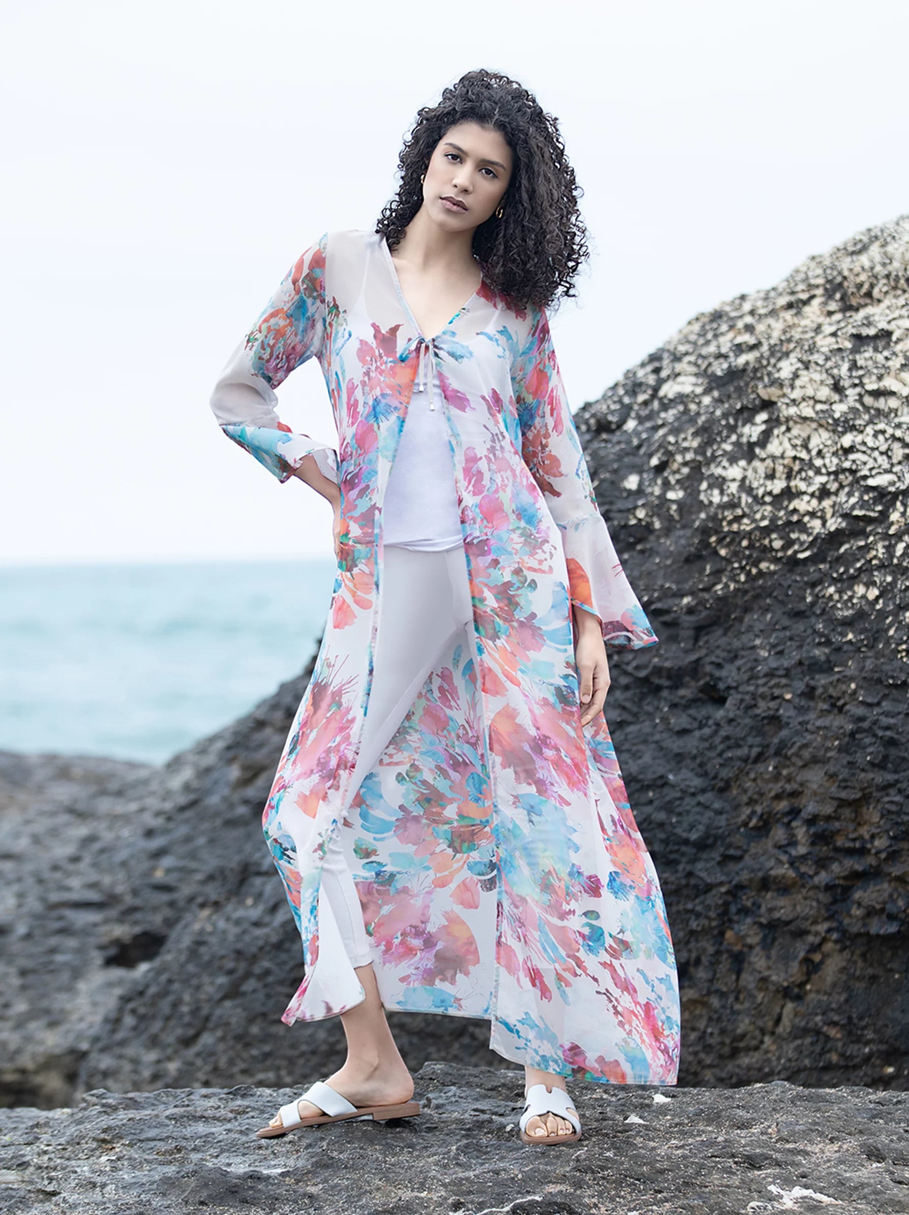 White Floral Chiffon Kimono Beach White Kimono Swimwear Kimono