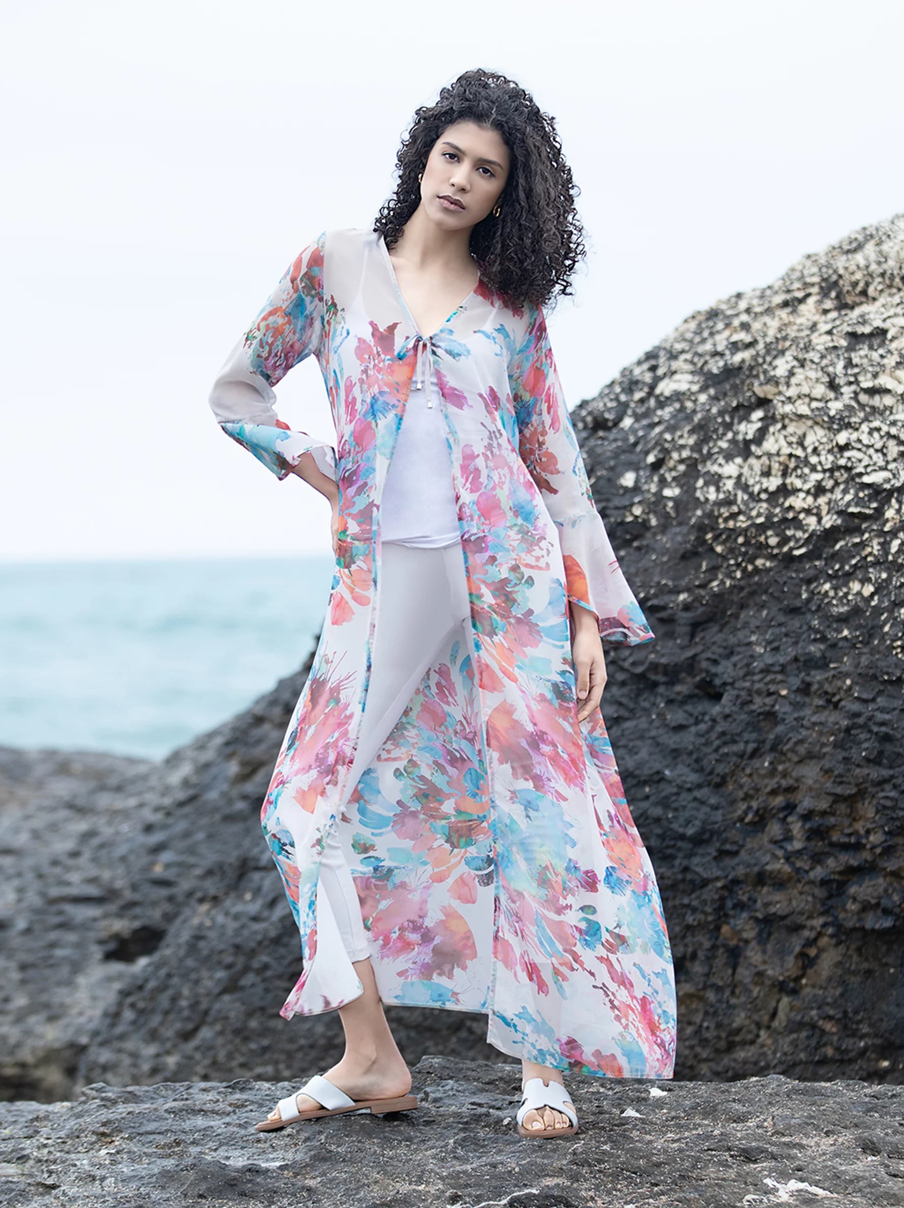 White Floral Chiffon Kimono, Beach White Kimono, Swimwear Kimono Jacket –  Modora UK