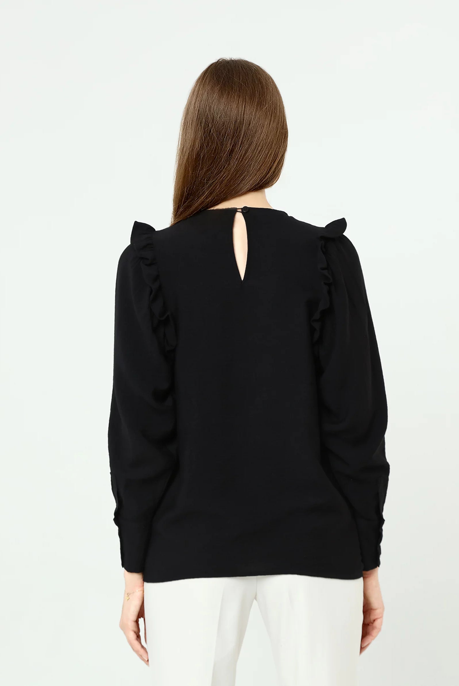 black flared shoulder blouse