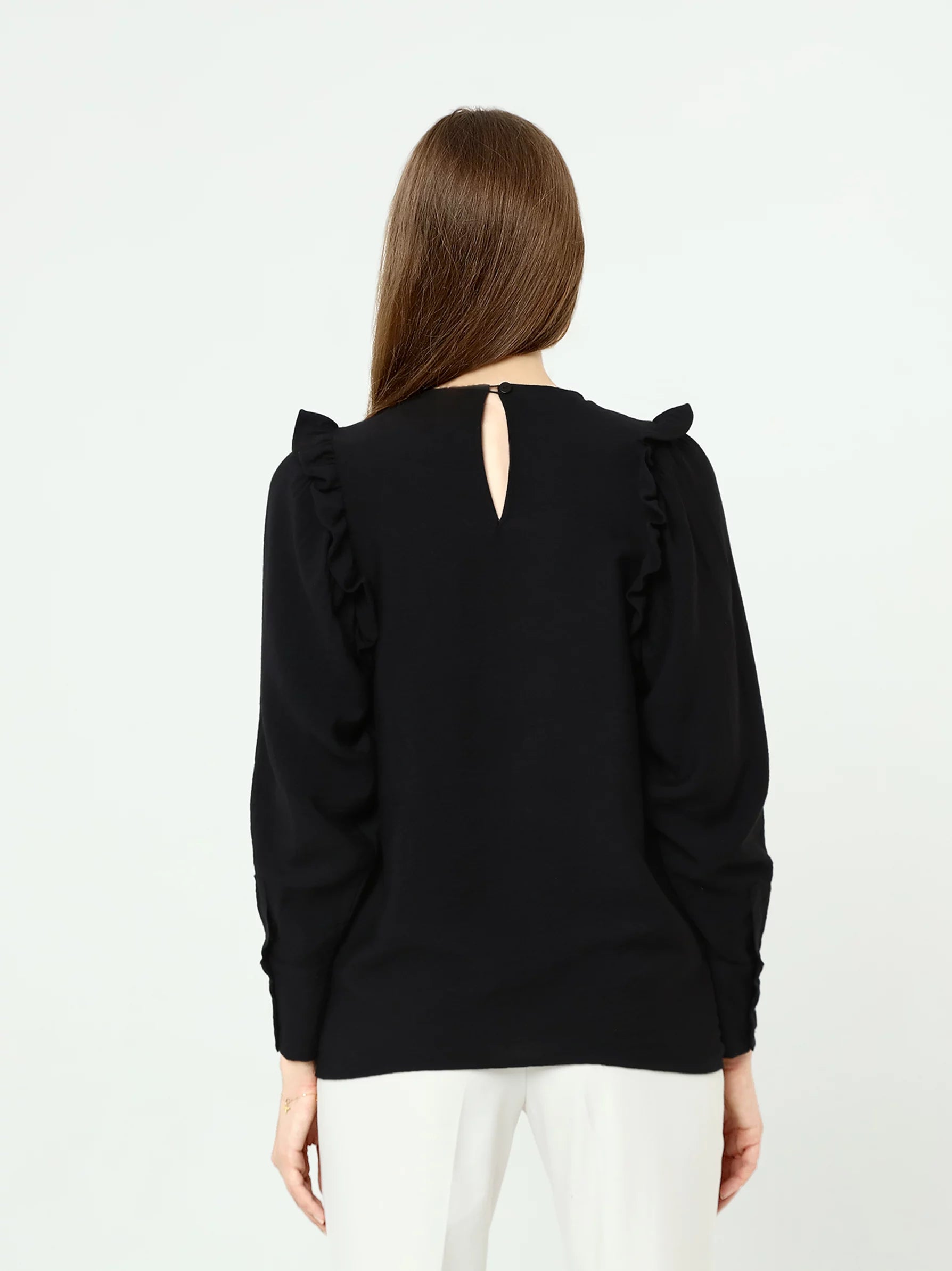 black flared shoulder blouse
