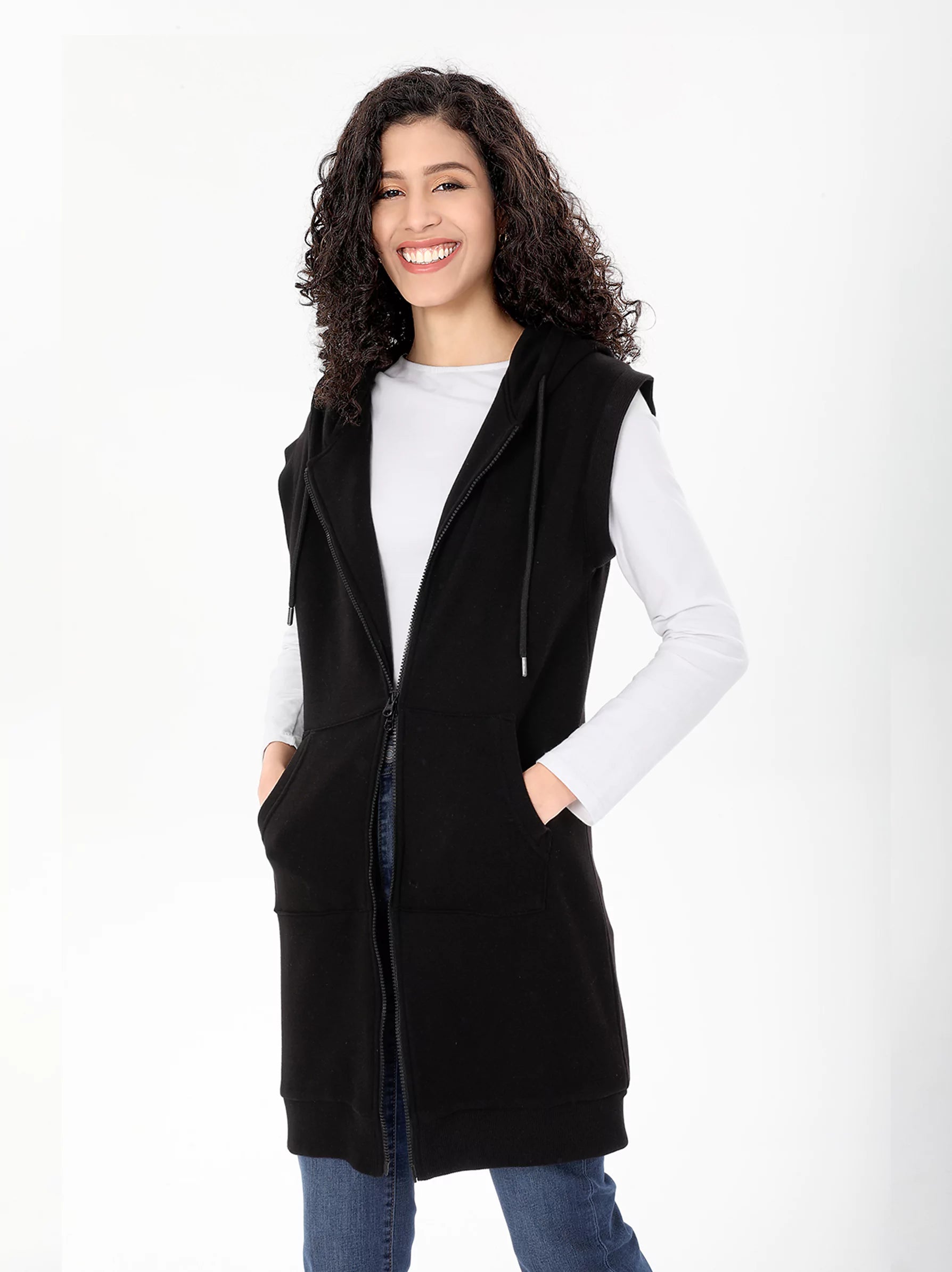 black sleeveless zip through hoodie
