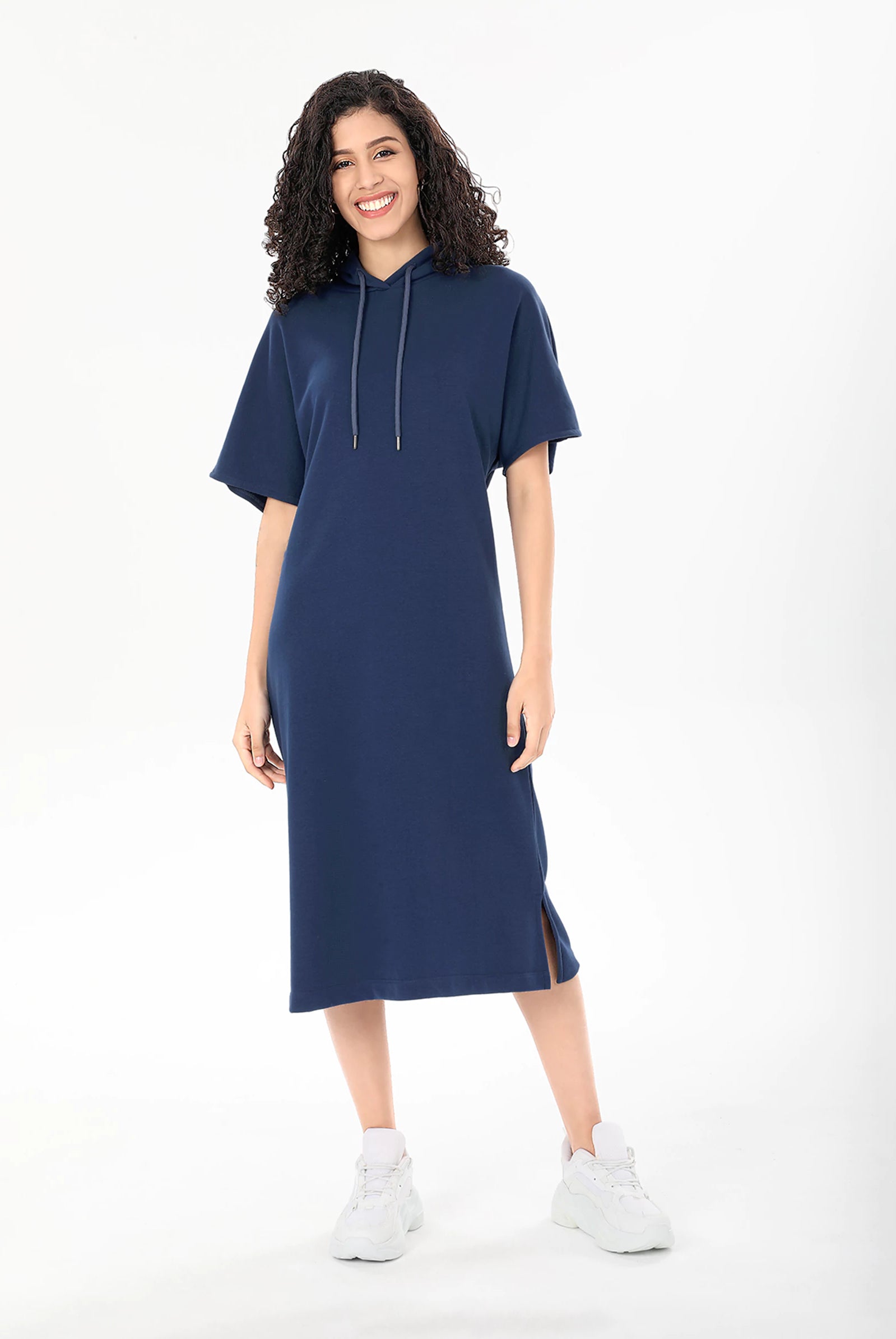 blue short sleeve midi dress