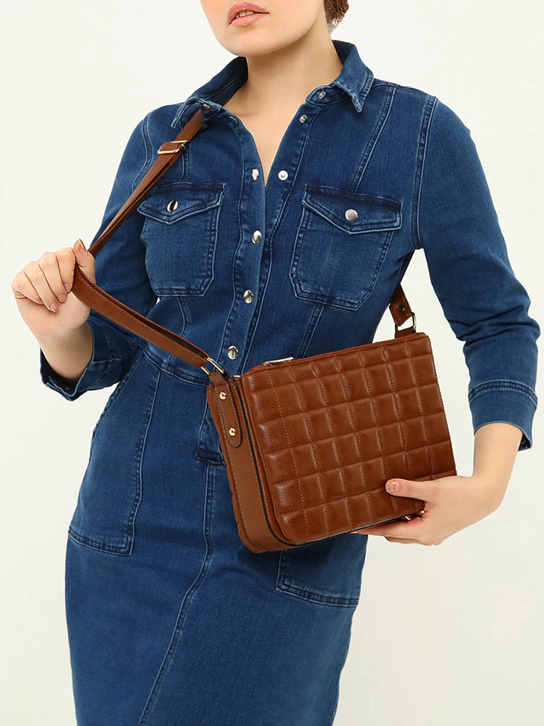 Tan Quilted Cross Body Bag