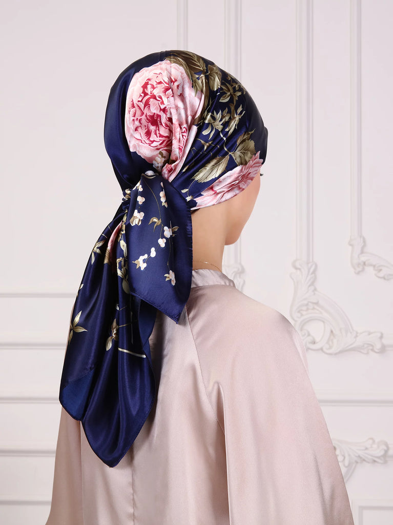 Navy floral printed square scarf