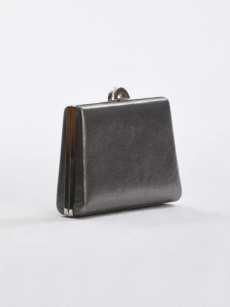 grey metal handle shiny clutch bag