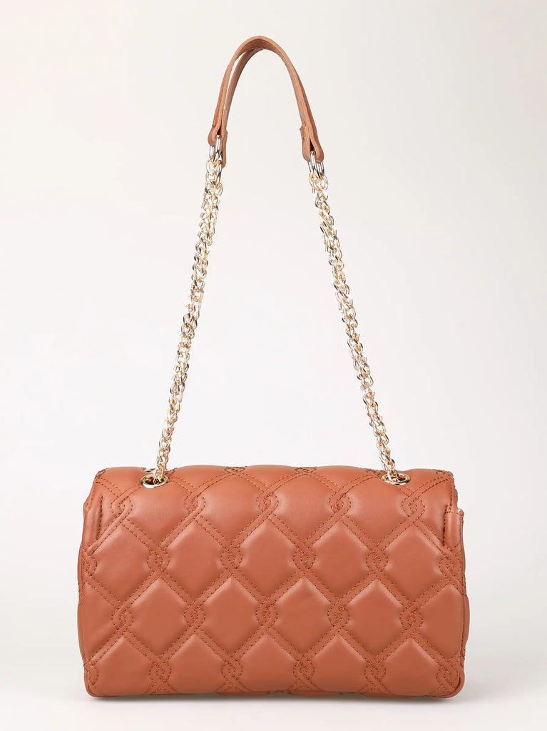 camel quilted tote bag with chain detail