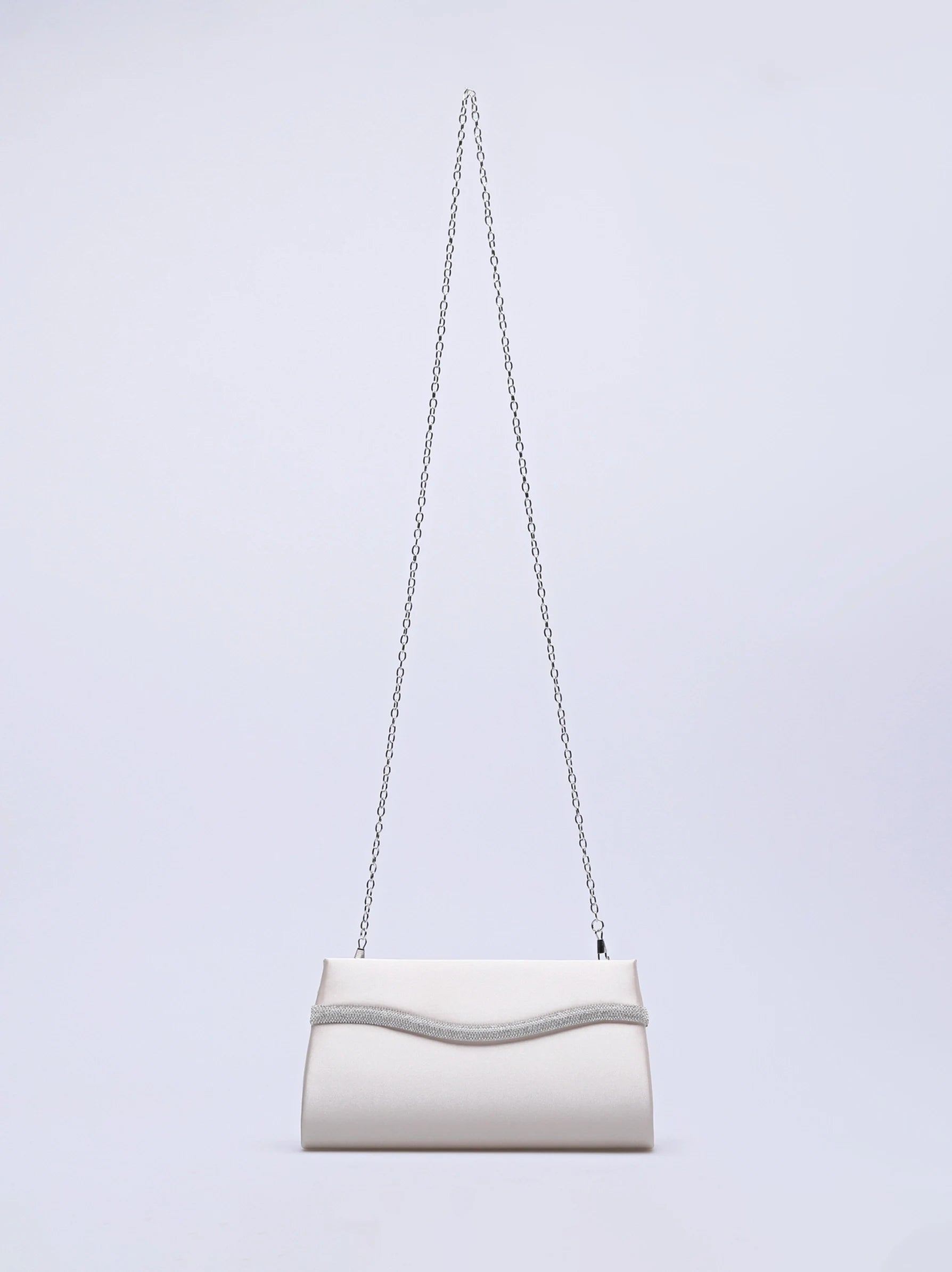 Diamente Detailed Cream Satin Clutch Bag Modora UK
