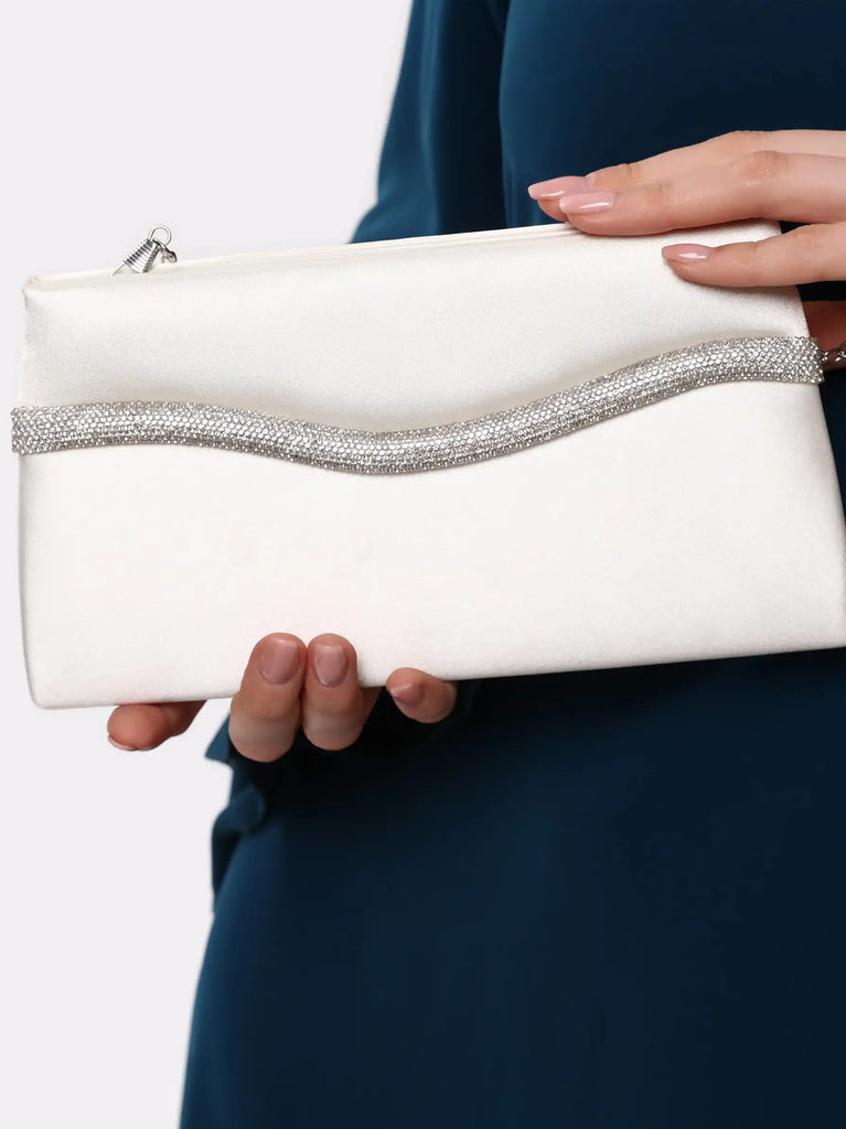 offwhite satin clutch bag with chain