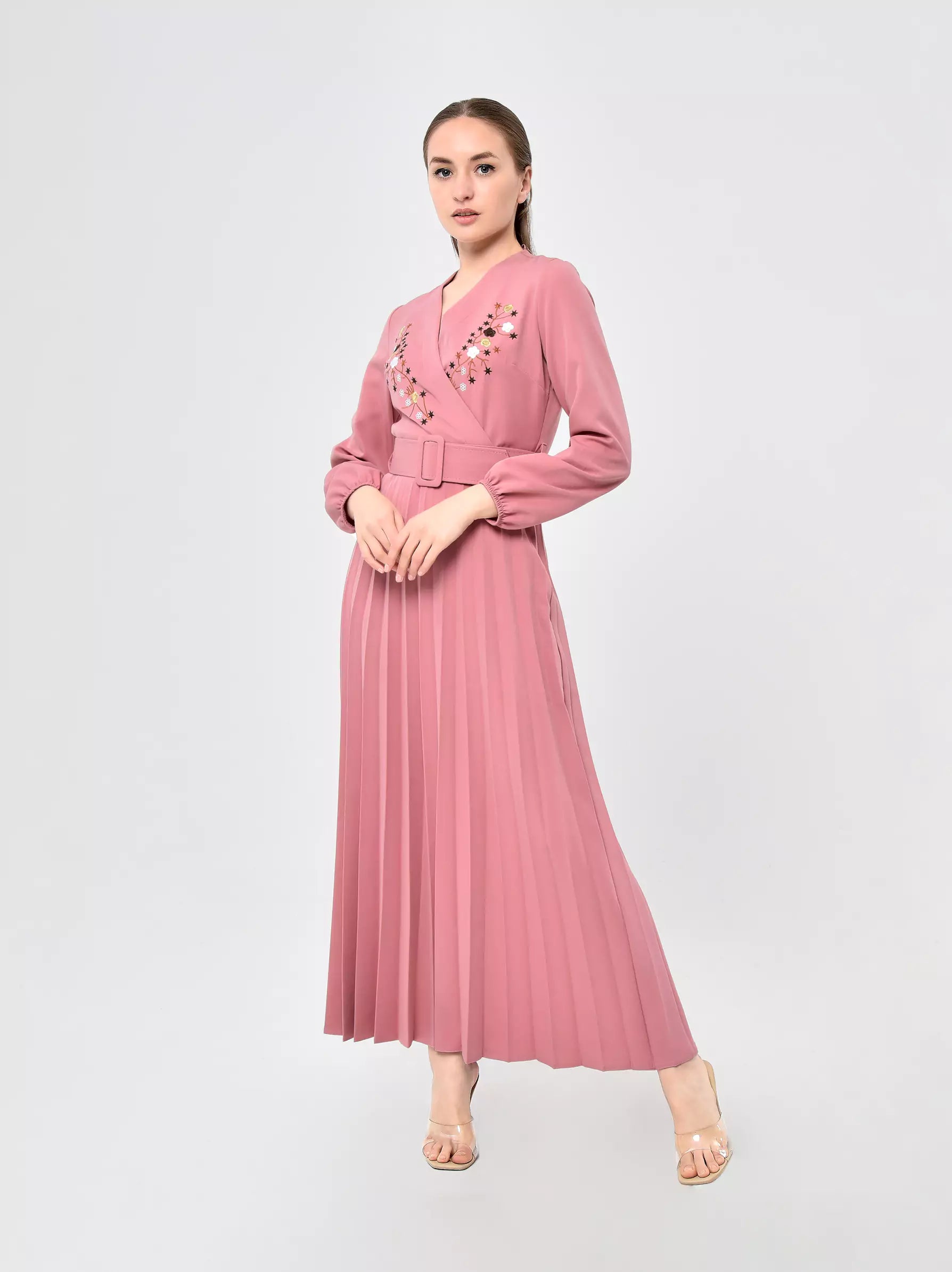 pink maxi dress with sleeves