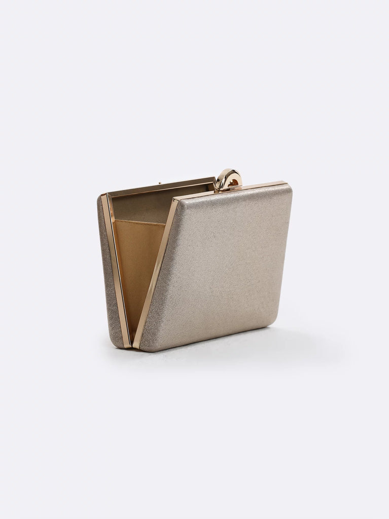 Shiny Gold Clutch Bag With Metal Handle