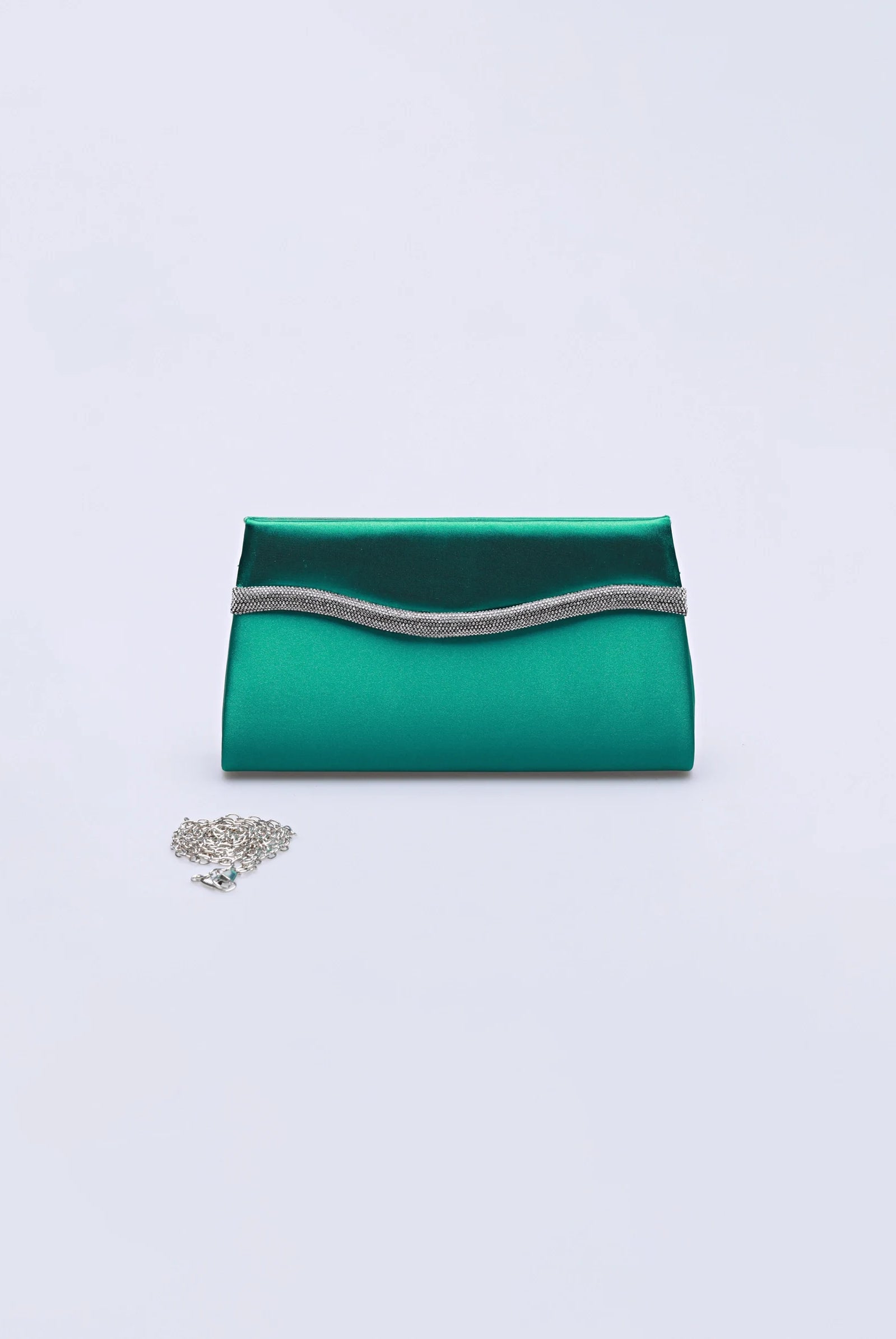 diamente detailed green satin clutch bag