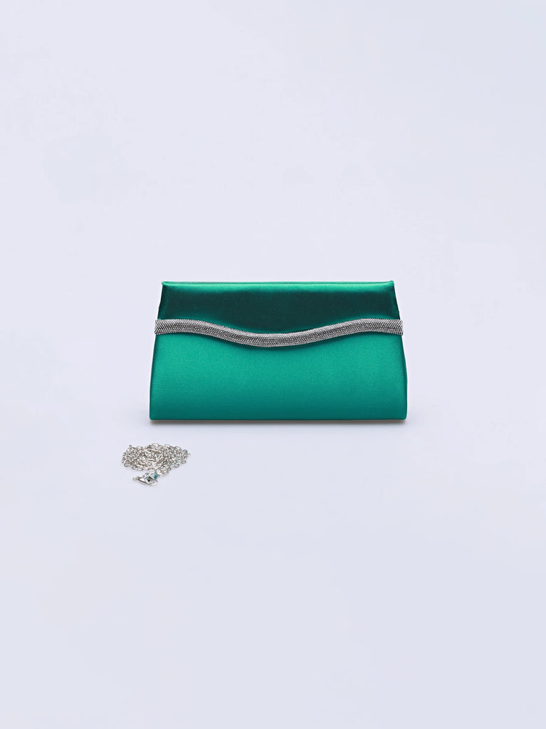 diamente detailed green satin clutch bag
