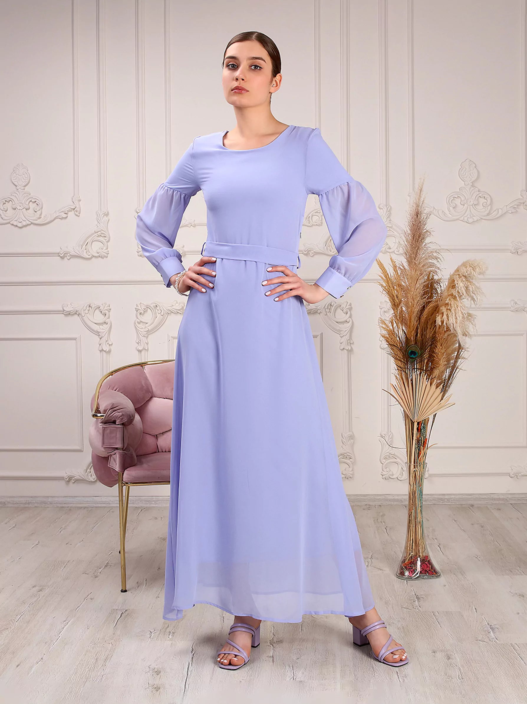 lavender belted dress