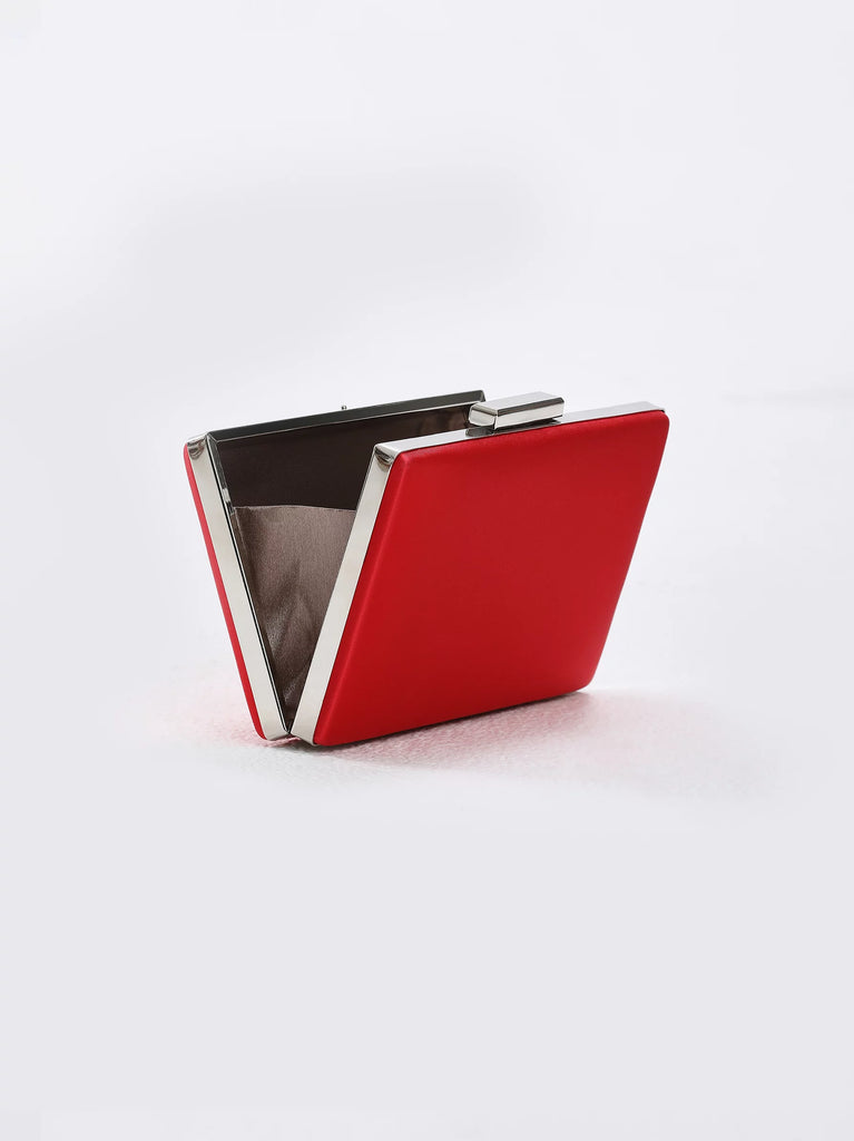 red satin structured clutch bag
