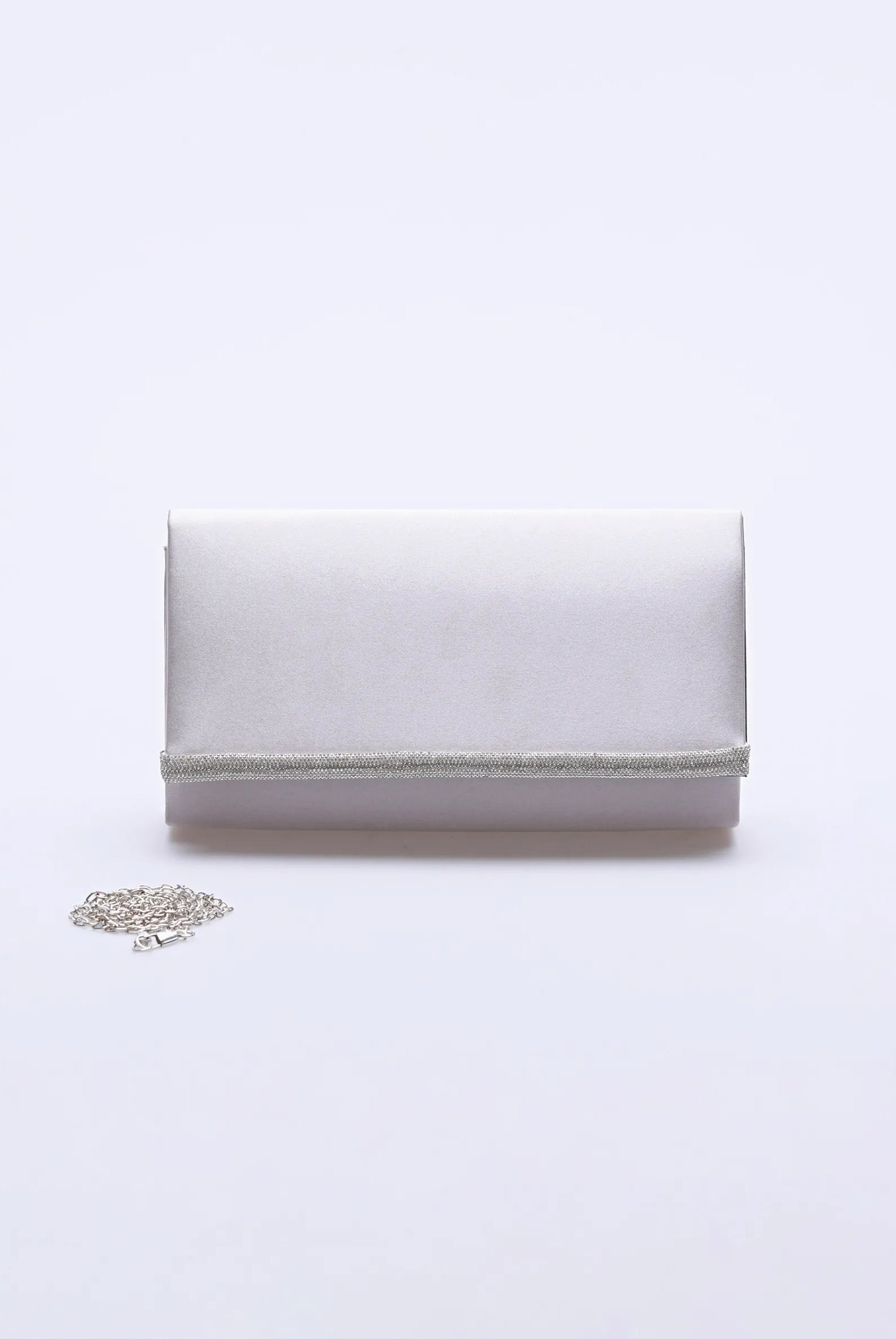 detailed flap silver satin clutch bag