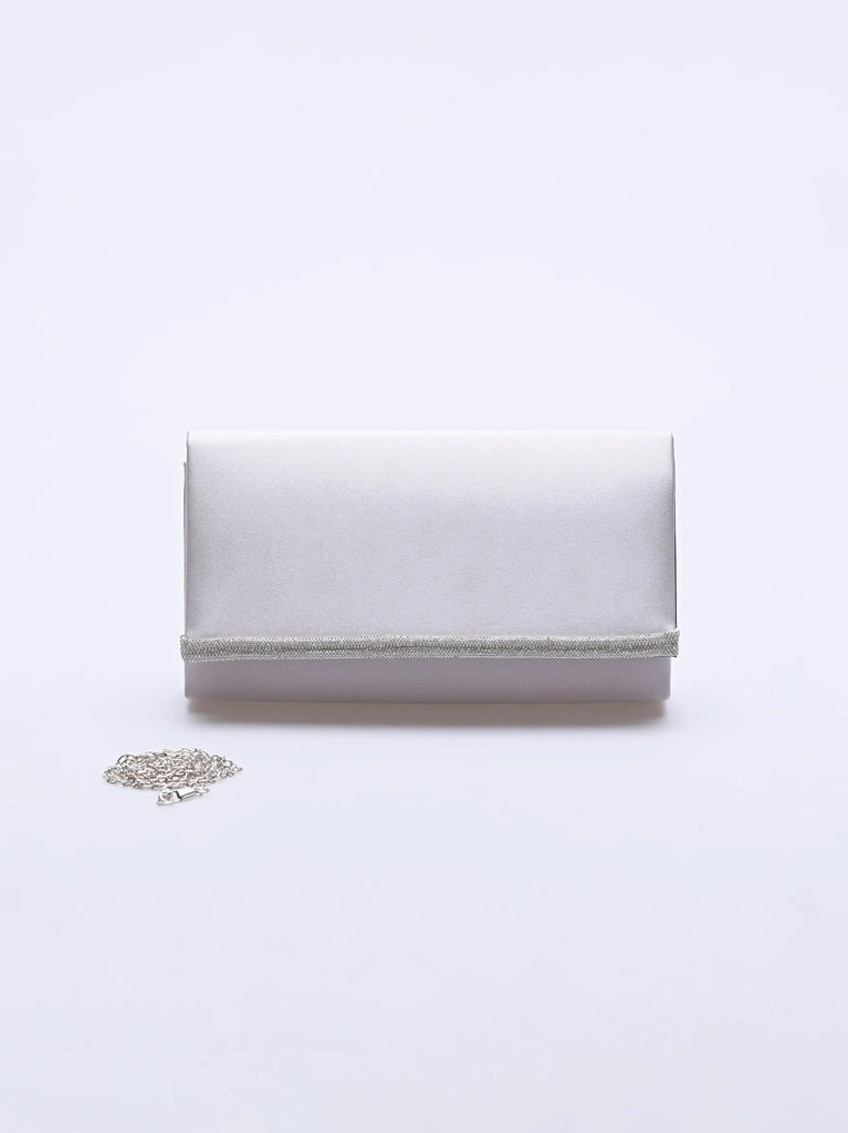 detailed flap silver satin clutch bag
