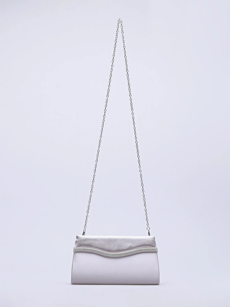 diamente detailed silver satin clutch bag