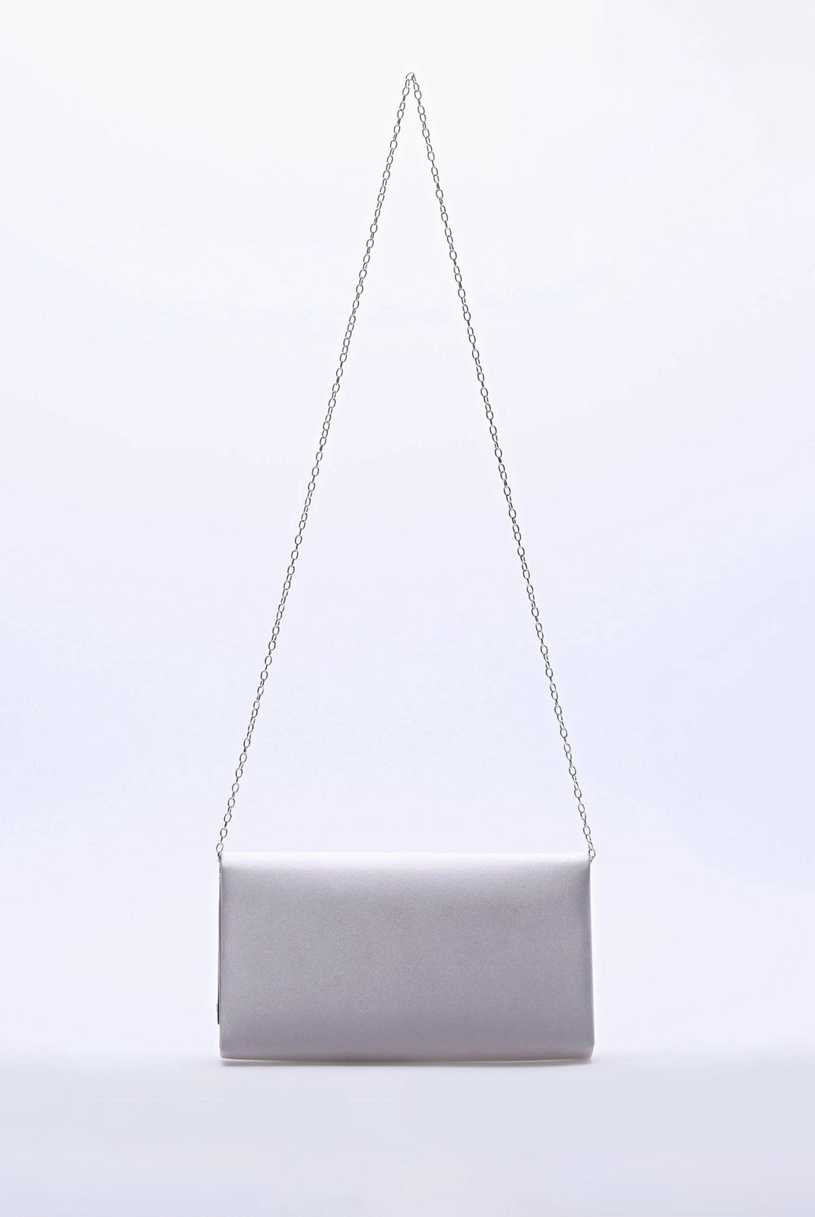 diamente detailed flap silver satin clutch bag