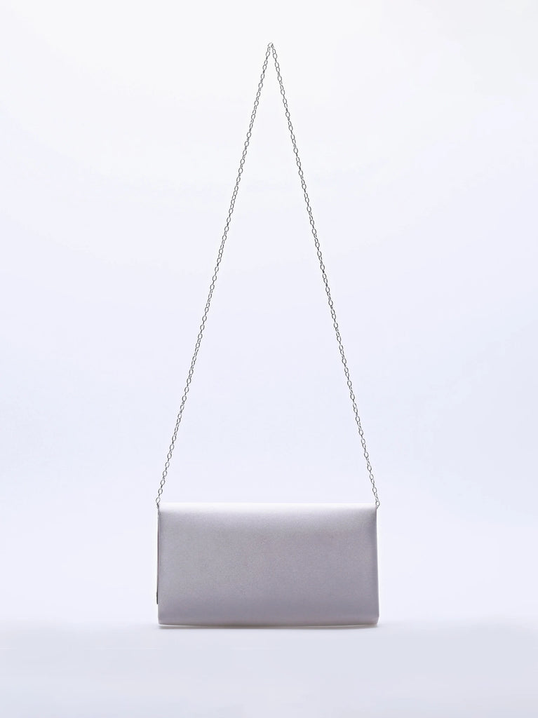 diamente detailed flap silver satin clutch bag