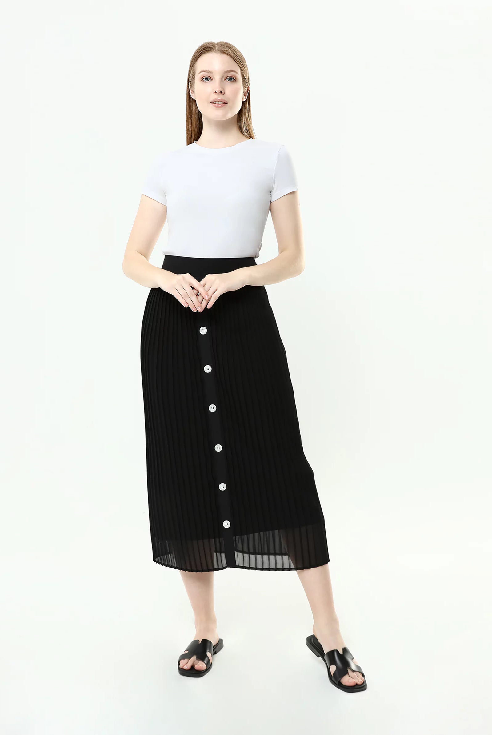 buy black decorative button midi skirt