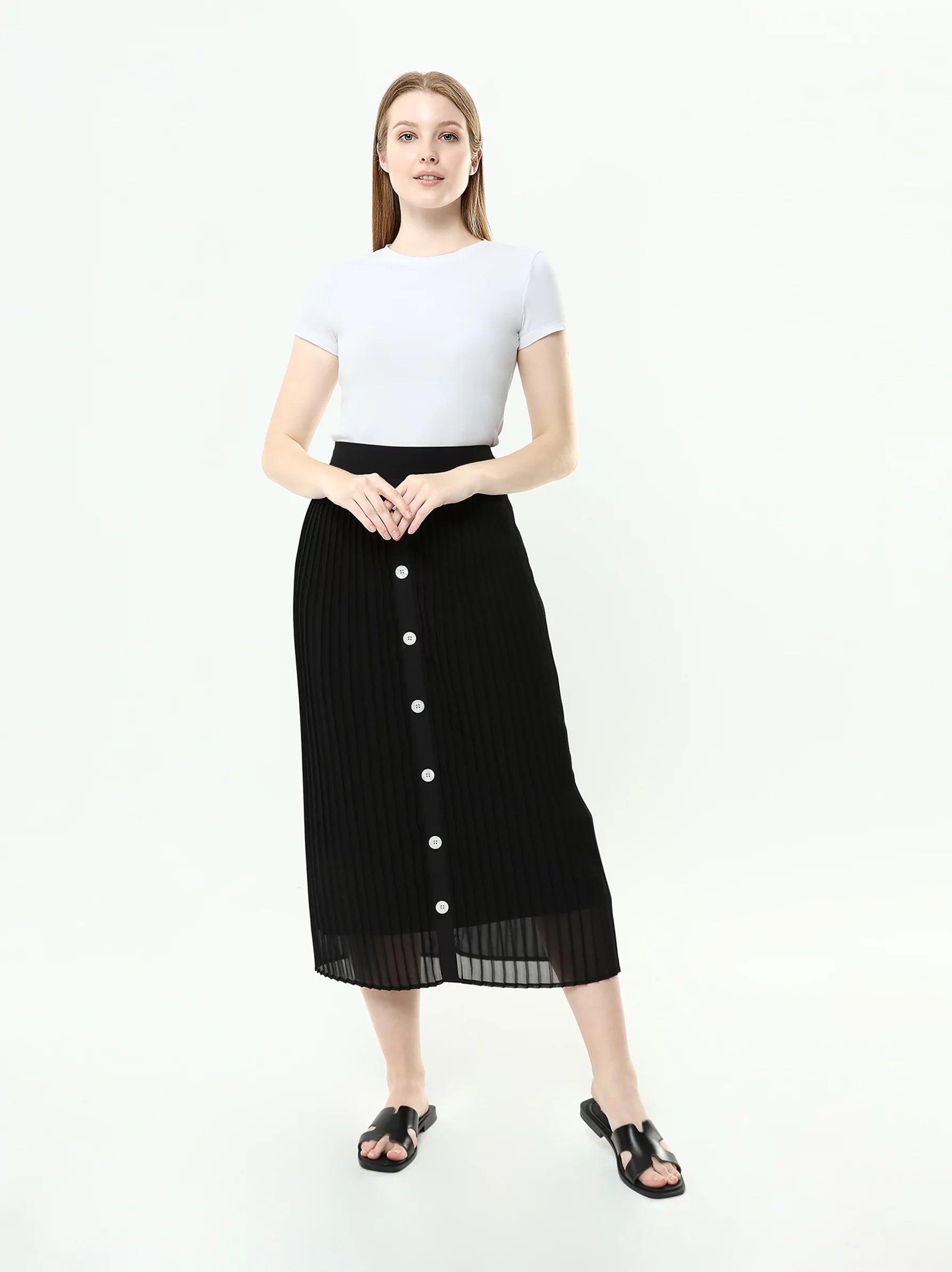 buy black decorative button midi skirt